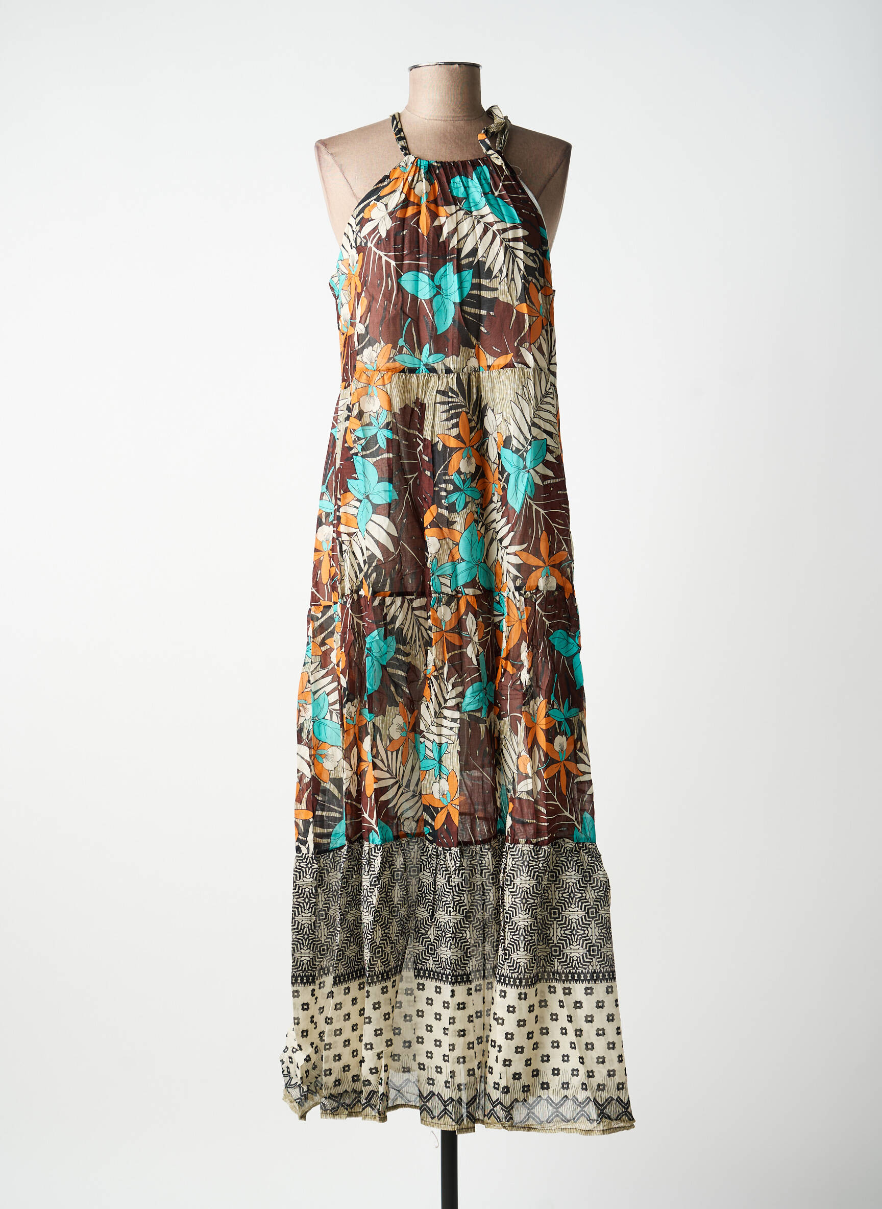 Robe longue coupe évasée fines bretelles marron ANGELA DAVIS femme
