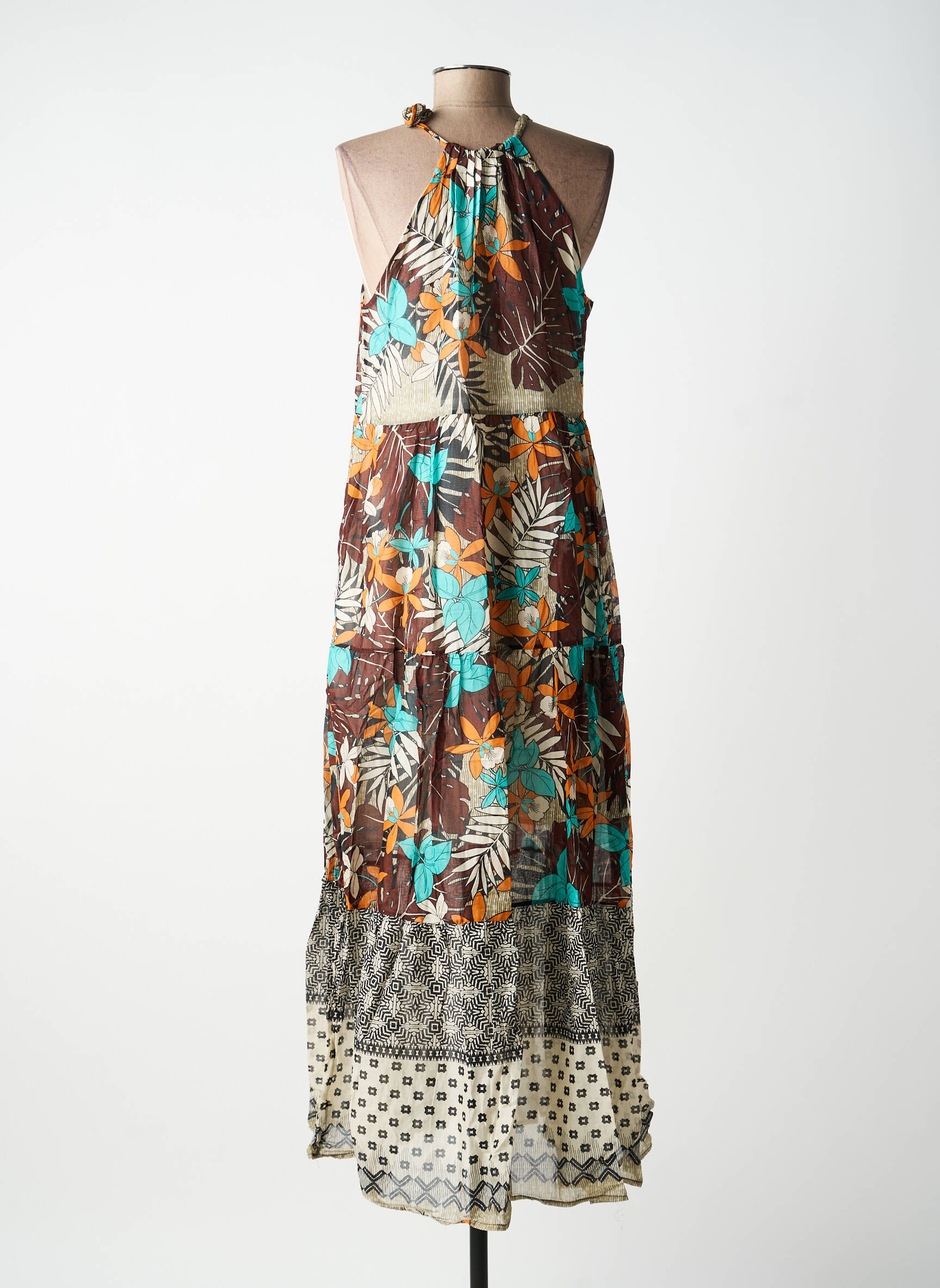 Robe longue coupe évasée fines bretelles marron ANGELA DAVIS femme