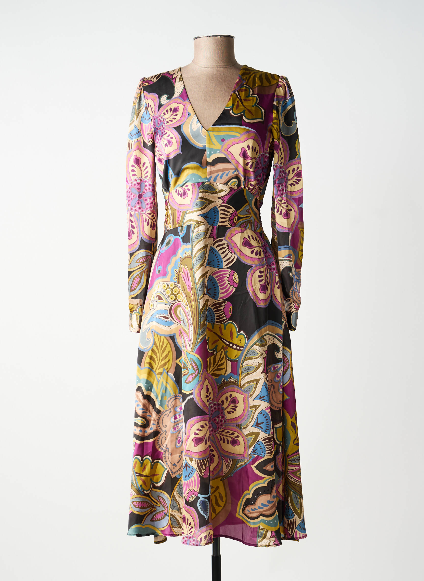 Robe mi-longue imprimé fleurs manches longues vert KING KONG femme