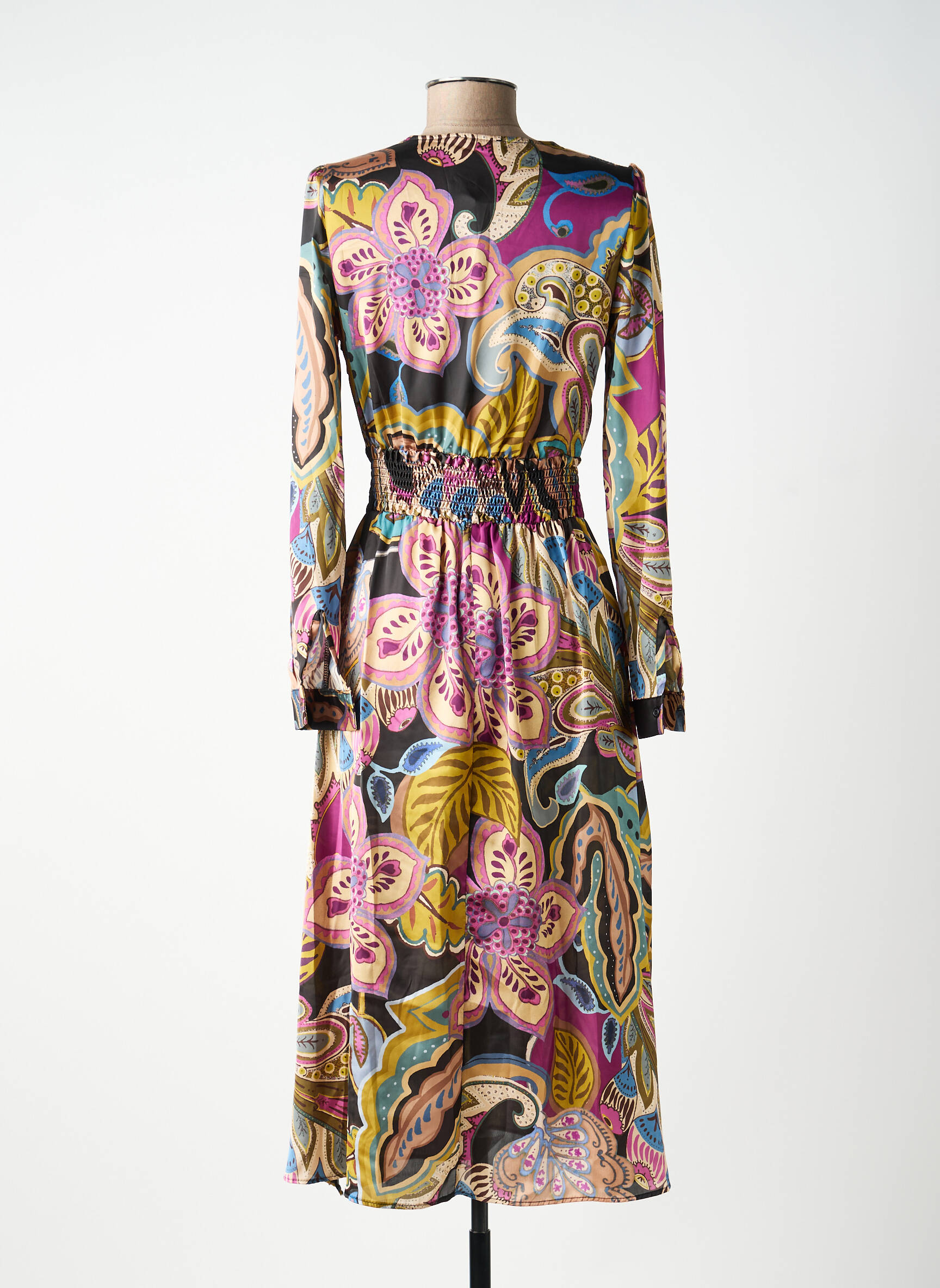 Robe mi-longue imprimé fleurs manches longues vert KING KONG femme