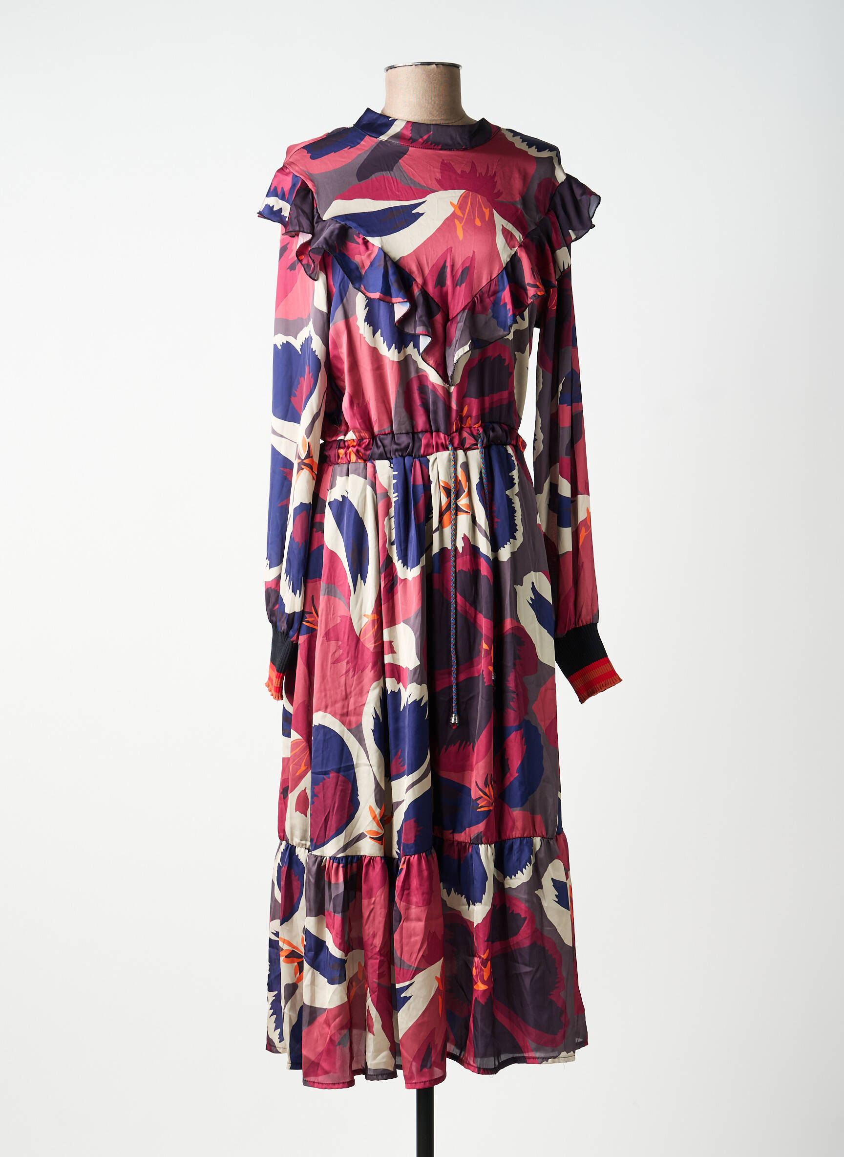 Robe mi-longue imprimé fantaisie manches longues rose MARYLEY femme