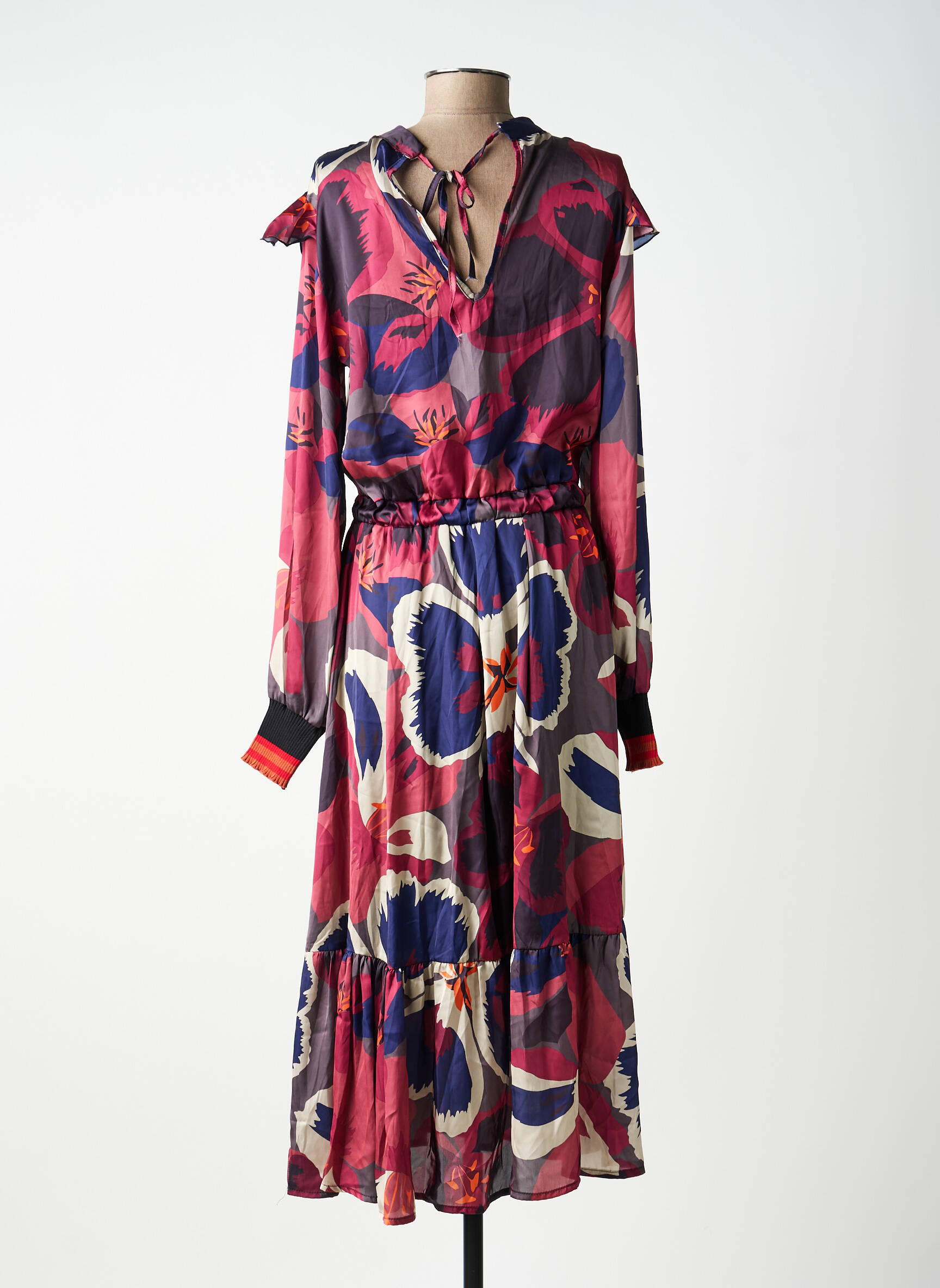 Robe mi-longue imprimé fantaisie manches longues rose MARYLEY femme