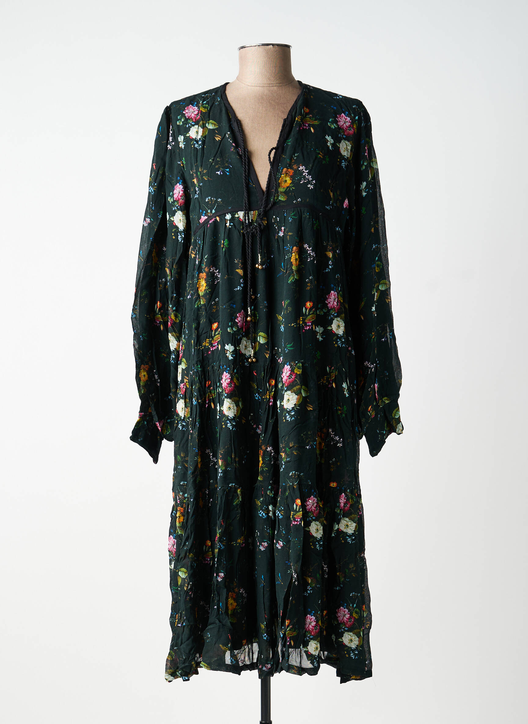 Robe mi-longue imprimé fleurs manches longues noir CHARLIE JOE femme