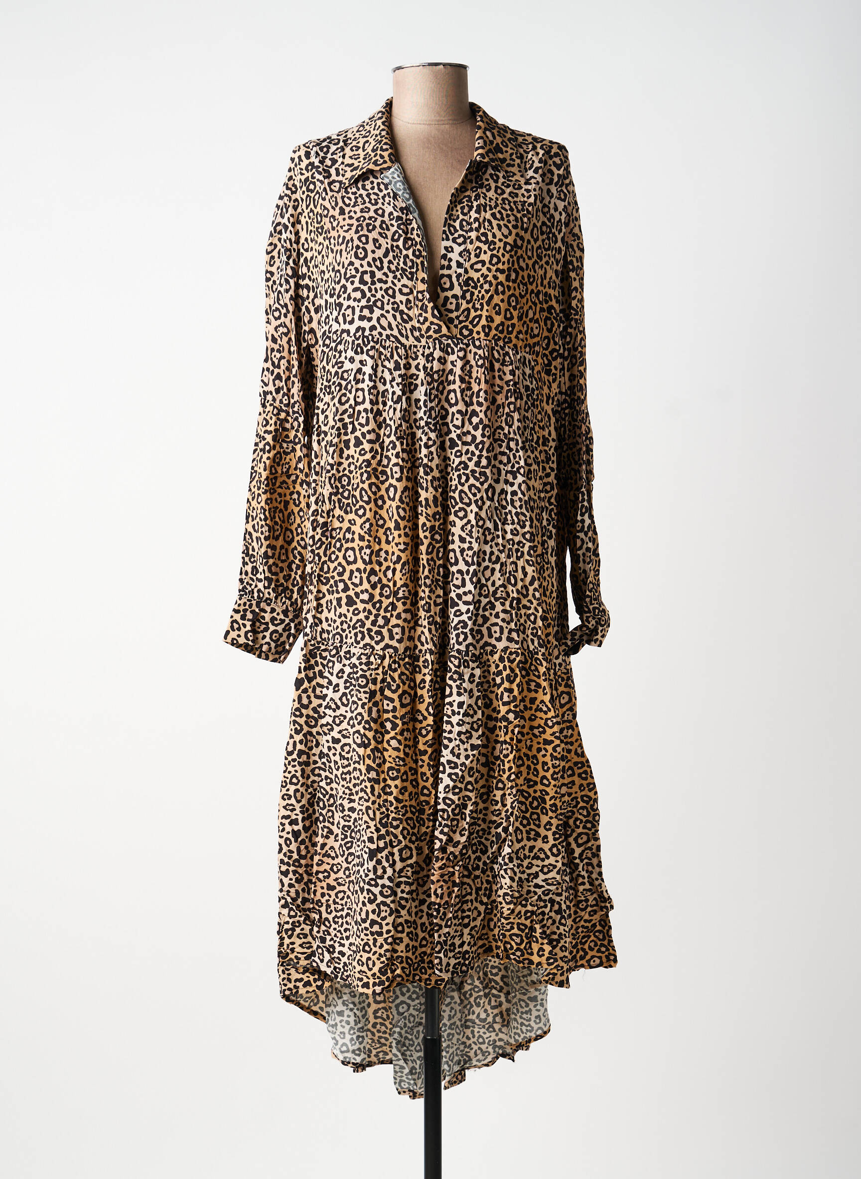 Robe mi-longue tissage crêpe manches longues beige MARYLEY femme