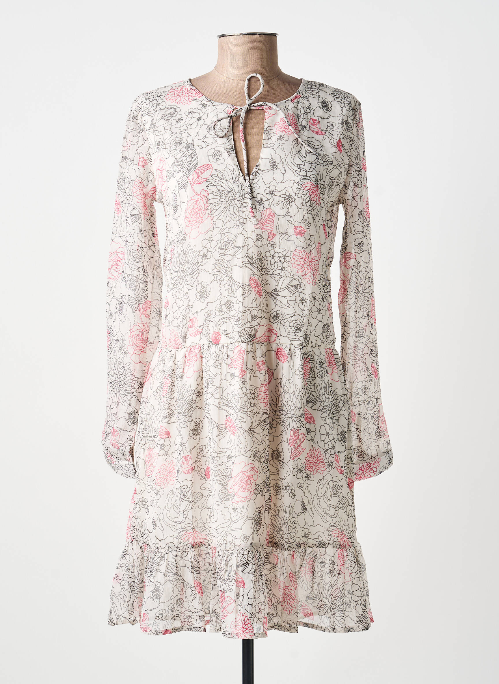 Robe courte imprimé fleurs manches longues beige BELLAWAY femme