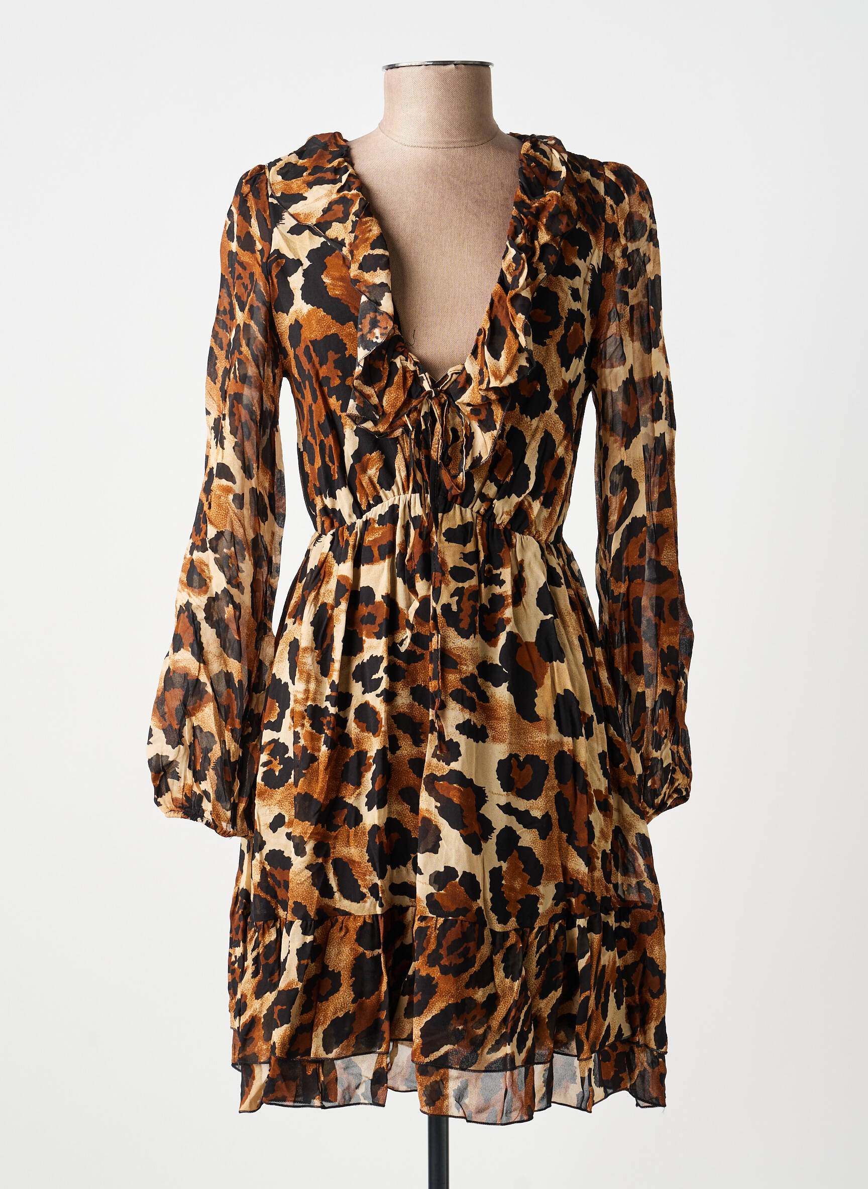 Robe courte imprimé fleurs manches longues marron KING KONG femme