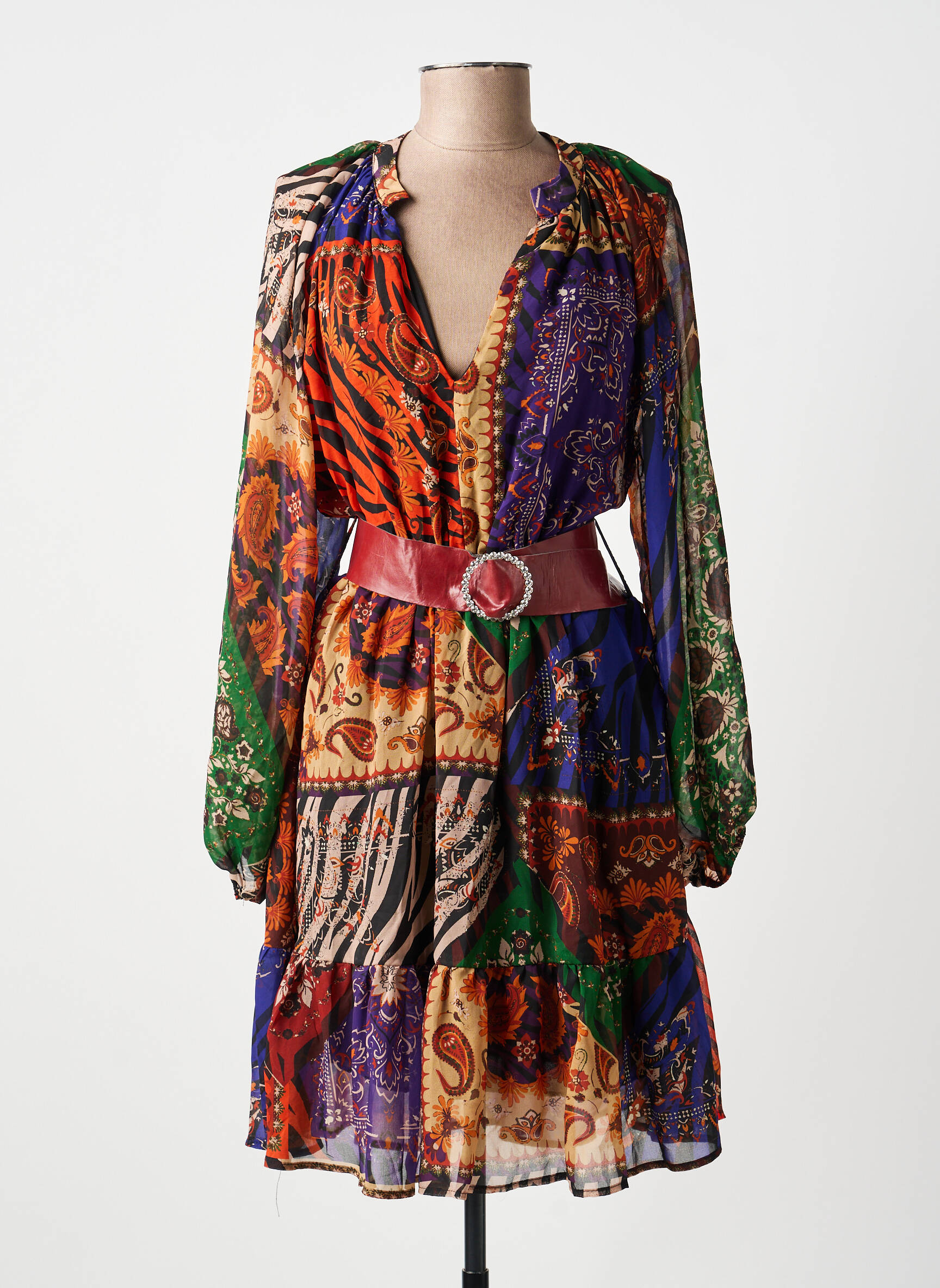 Robe mi-longue coupe fluide manches longues marron MARYLEY femme