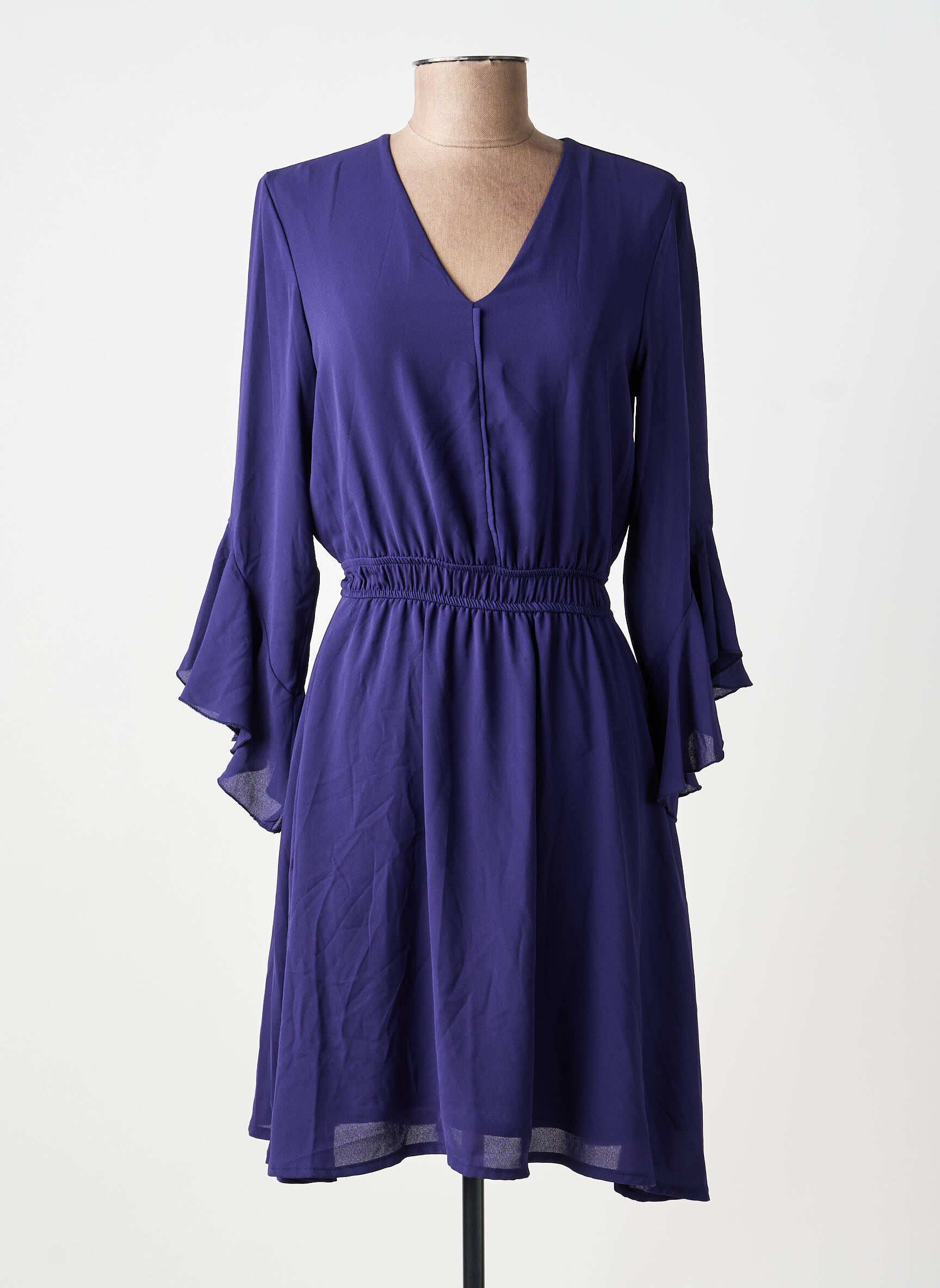 Robe mi-longue tissage crêpe manches longues violet ANGELA DAVIS femme