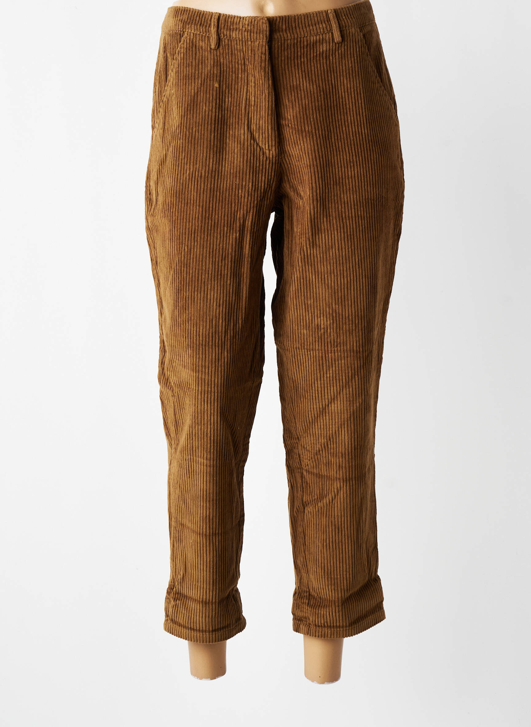 Pantalon chino fermeture zippée sous rabat avec crochet taille haute marron CHARLIE JOE femme