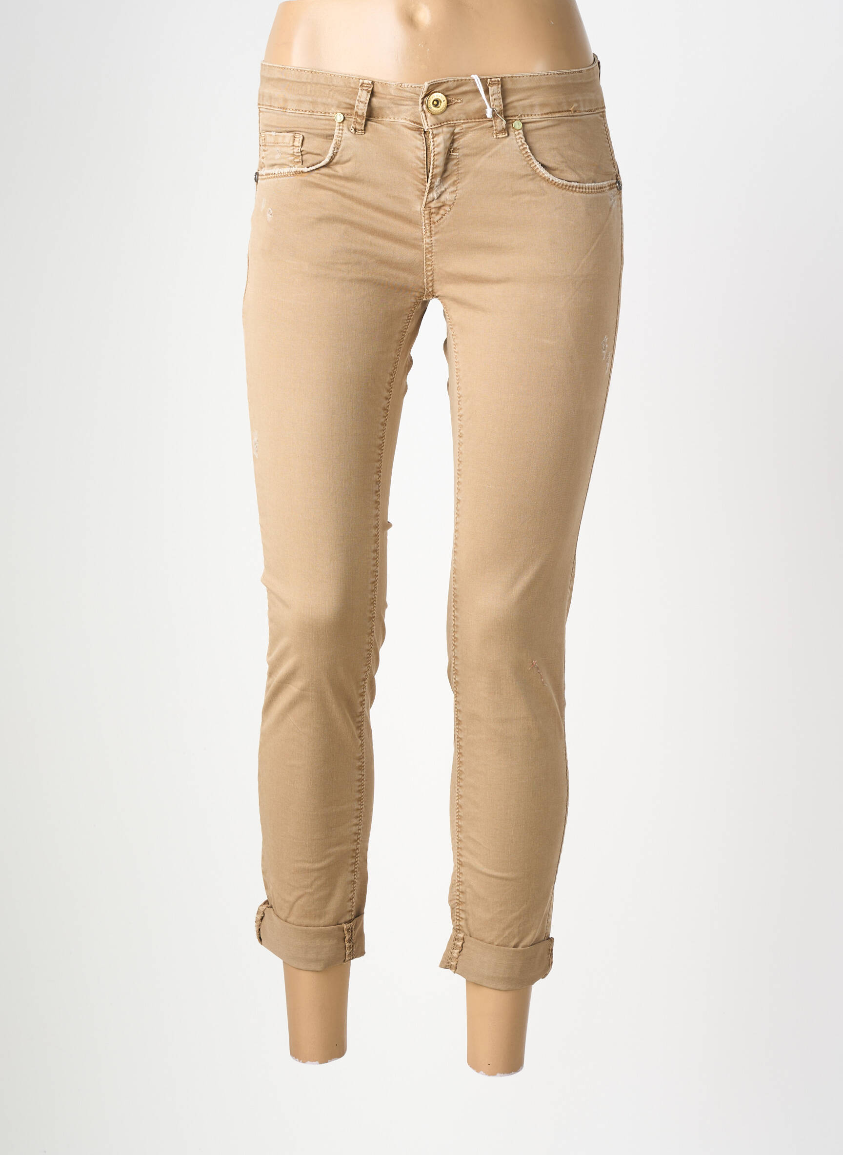 Pantalon 7/8 fermeture zippée sous rabat boutonné taille normale beige BELLAWAY femme