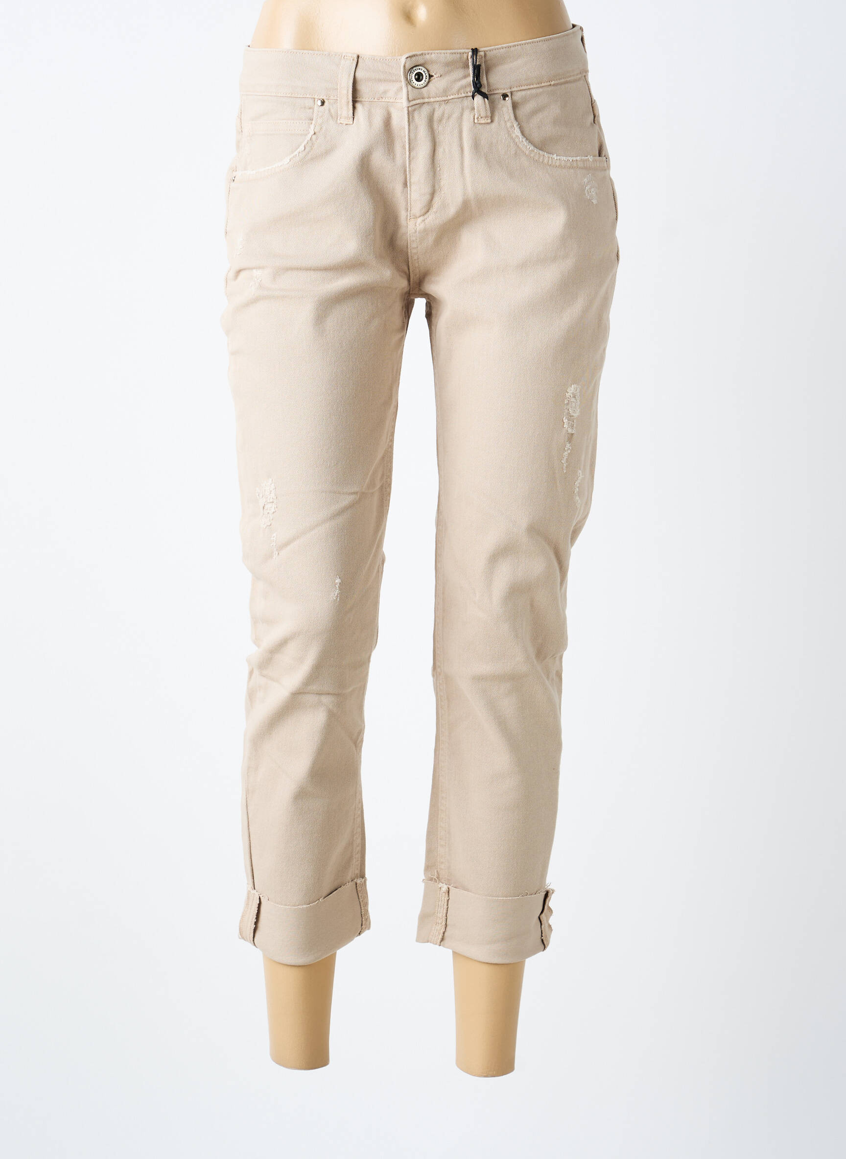 Jeans coupe droite broderie rivets taille normale beige ALMANEGRA femme