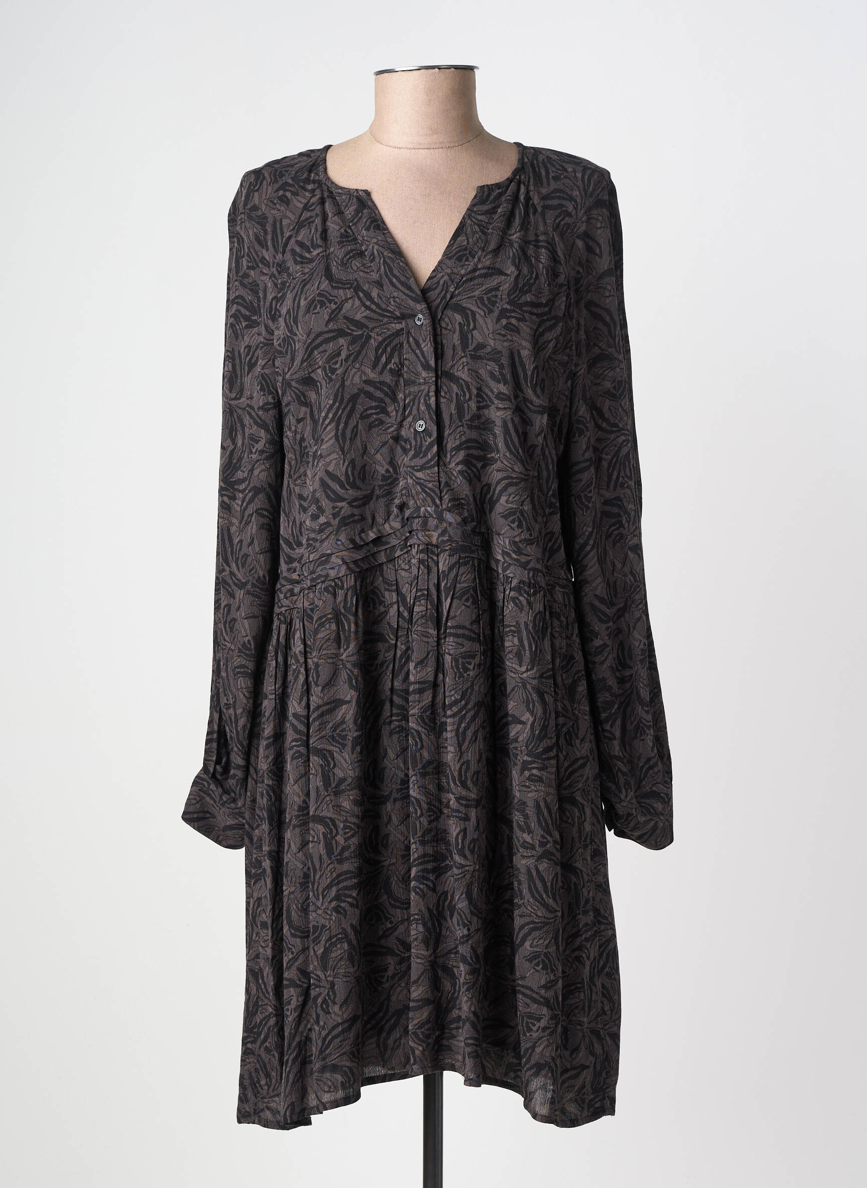 Robe mi-longue imprimé fleurs manches longues gris YAYA femme