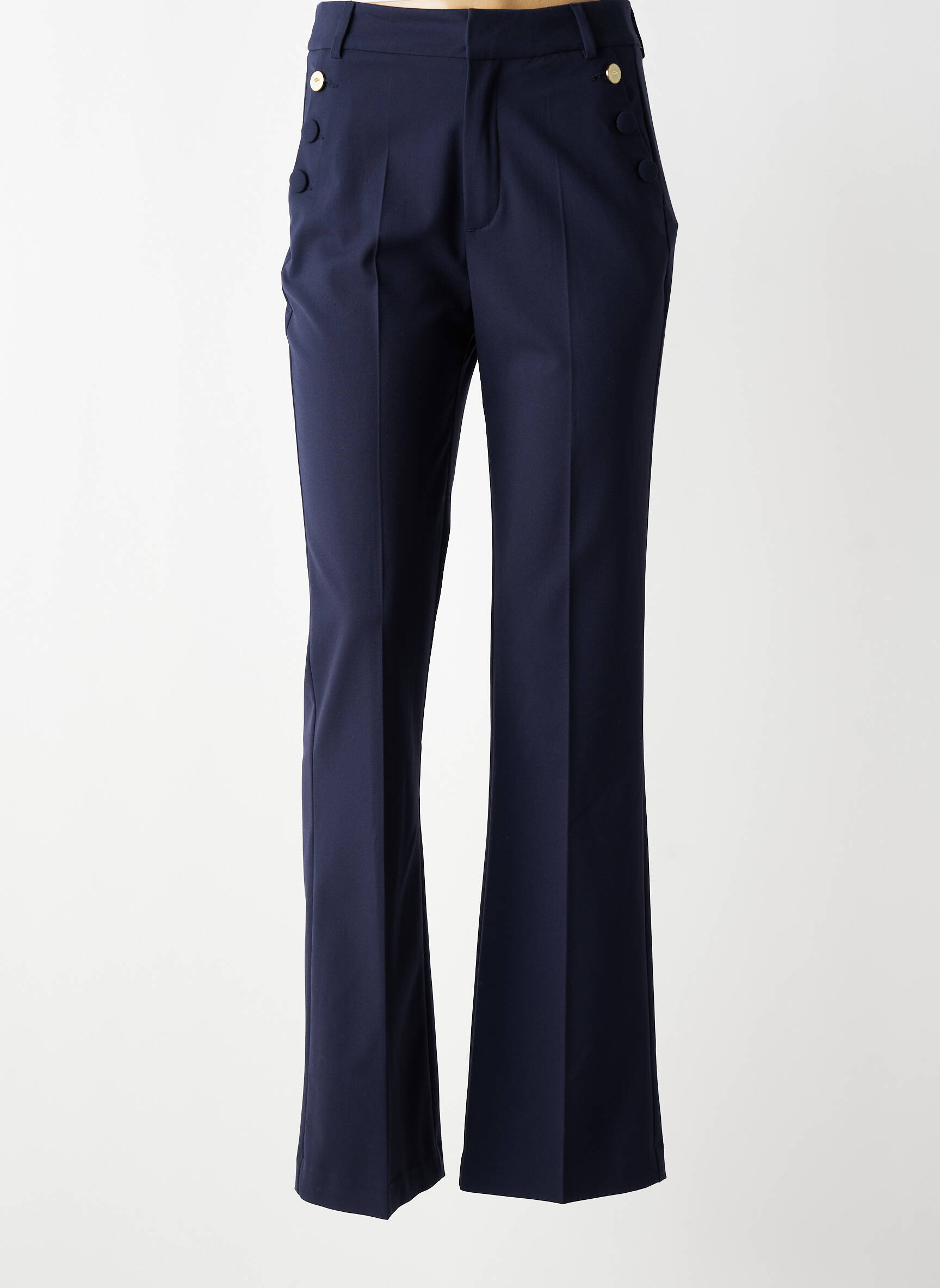Pantalon flare fermeture zippée sous rabat avec crochet taille haute bleu I.CODE (By IKKS) femme