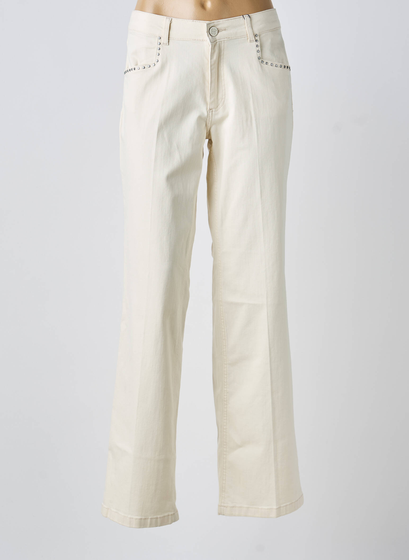 Jeans coupe droite broderie rivets taille haute beige PARA MI femme