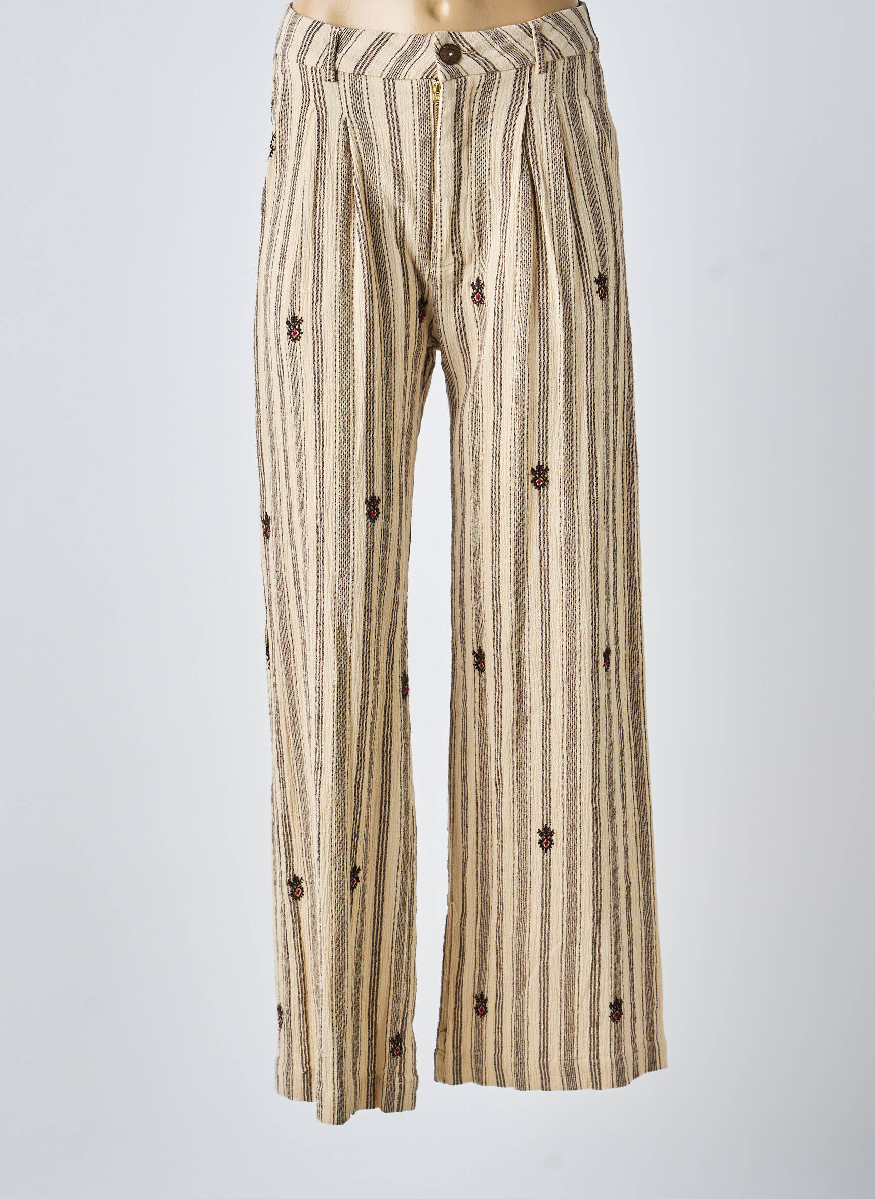Pantalon large fermeture zippée sous rabat boutonné taille haute beige MAISON HOTEL femme