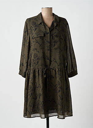 Robe mi-longue tissage crêpe manches longues vert IKKS femme