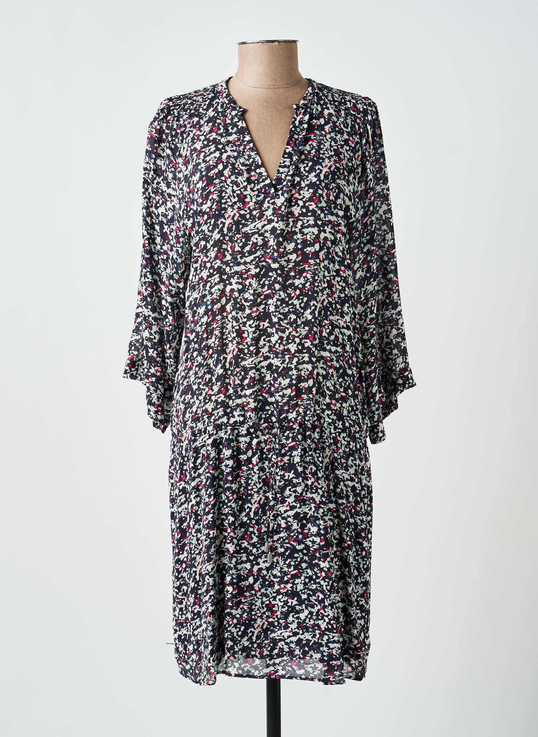 Robe mi-longue imprimé fantaisie manches longues noir IKKS femme