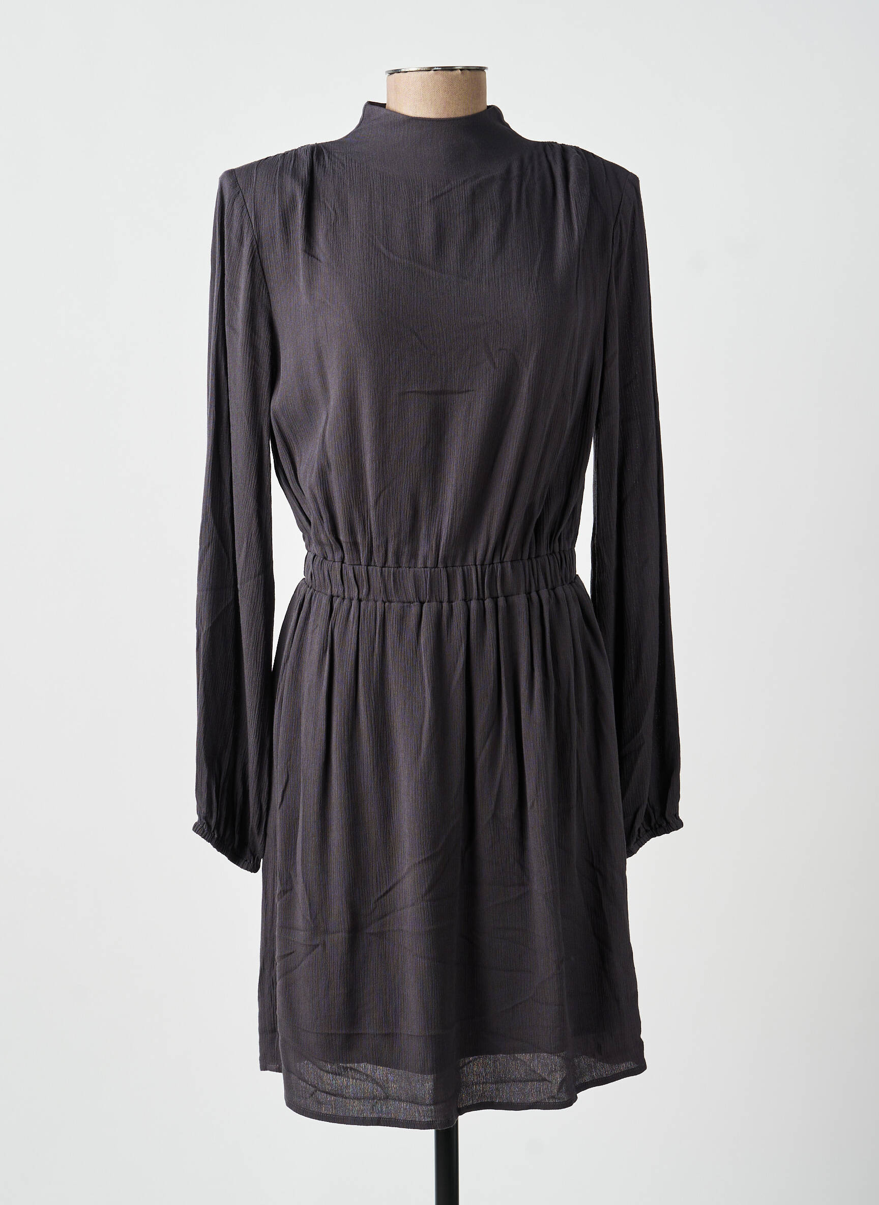 Robe mi-longue tissage crêpe manches longues gris YAYA femme