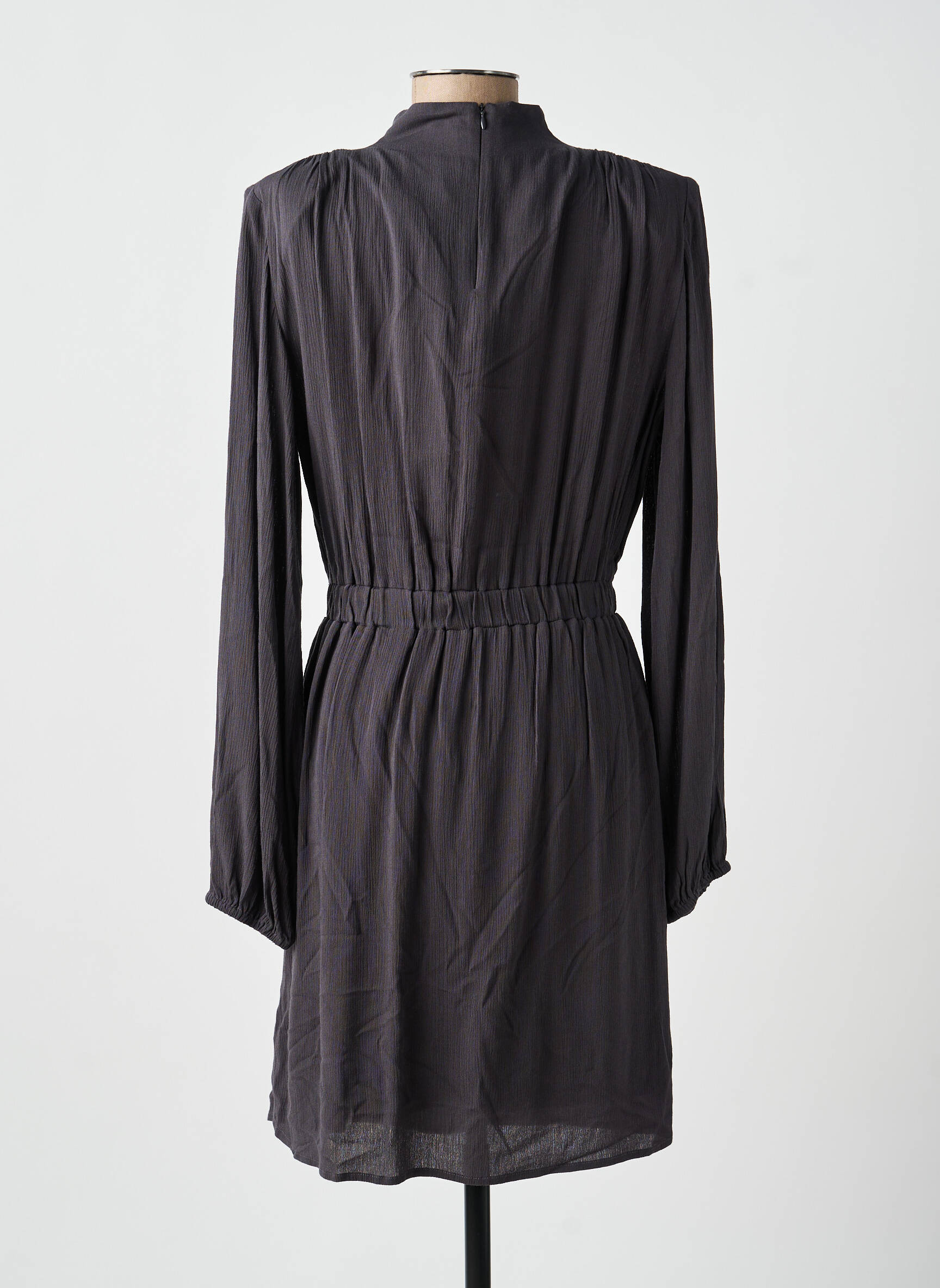 Robe mi-longue tissage crêpe manches longues gris YAYA femme