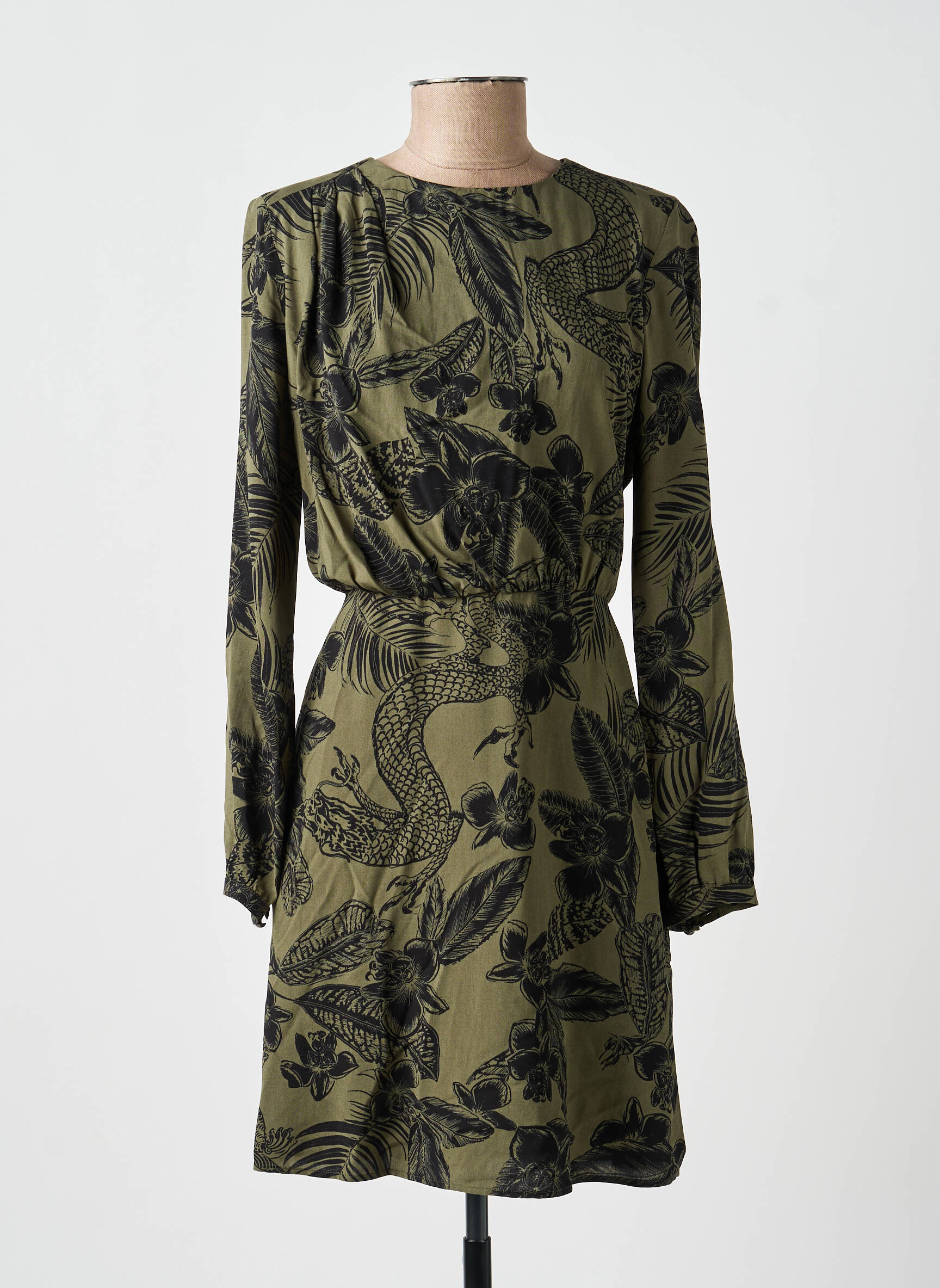 Robe mi-longue imprimé fantaisie manches longues vert IKKS femme