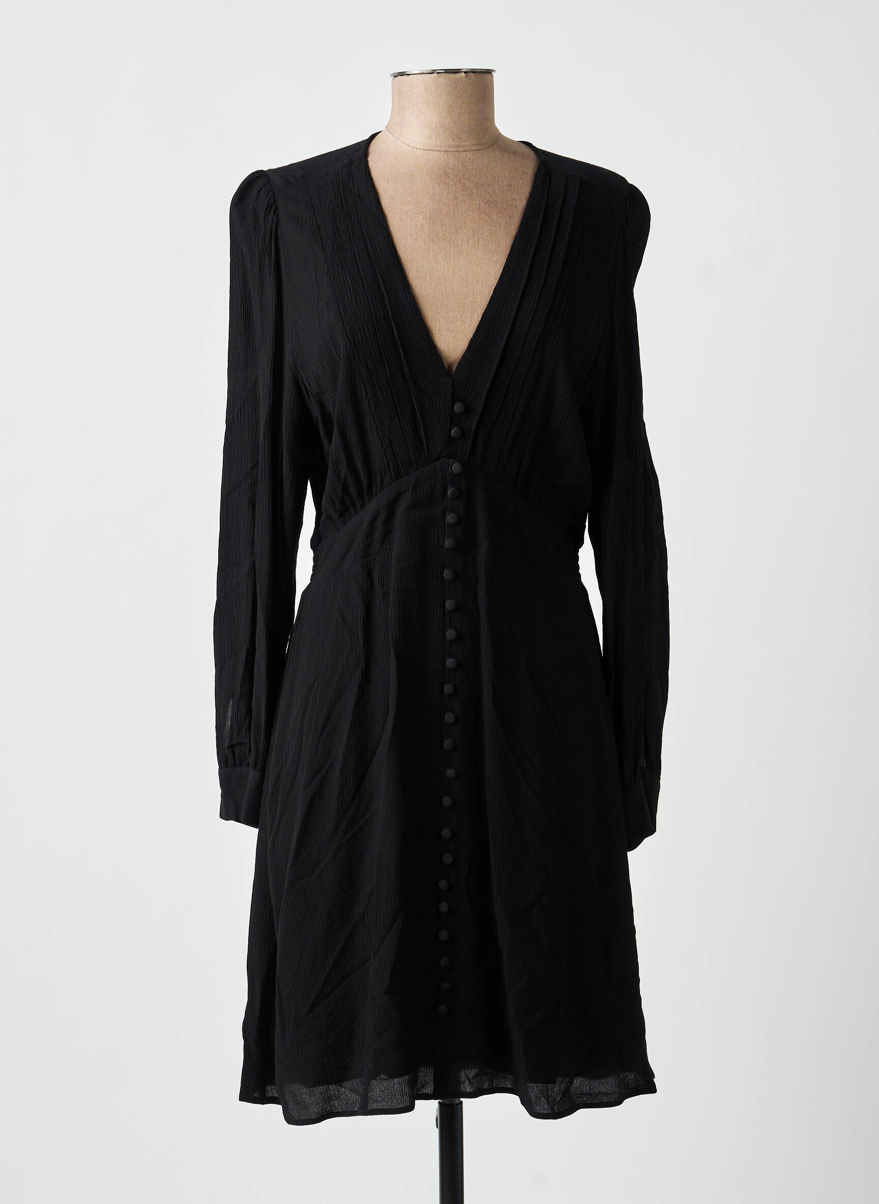 Robe mi-longue tissage crêpe manches longues noir IKKS femme