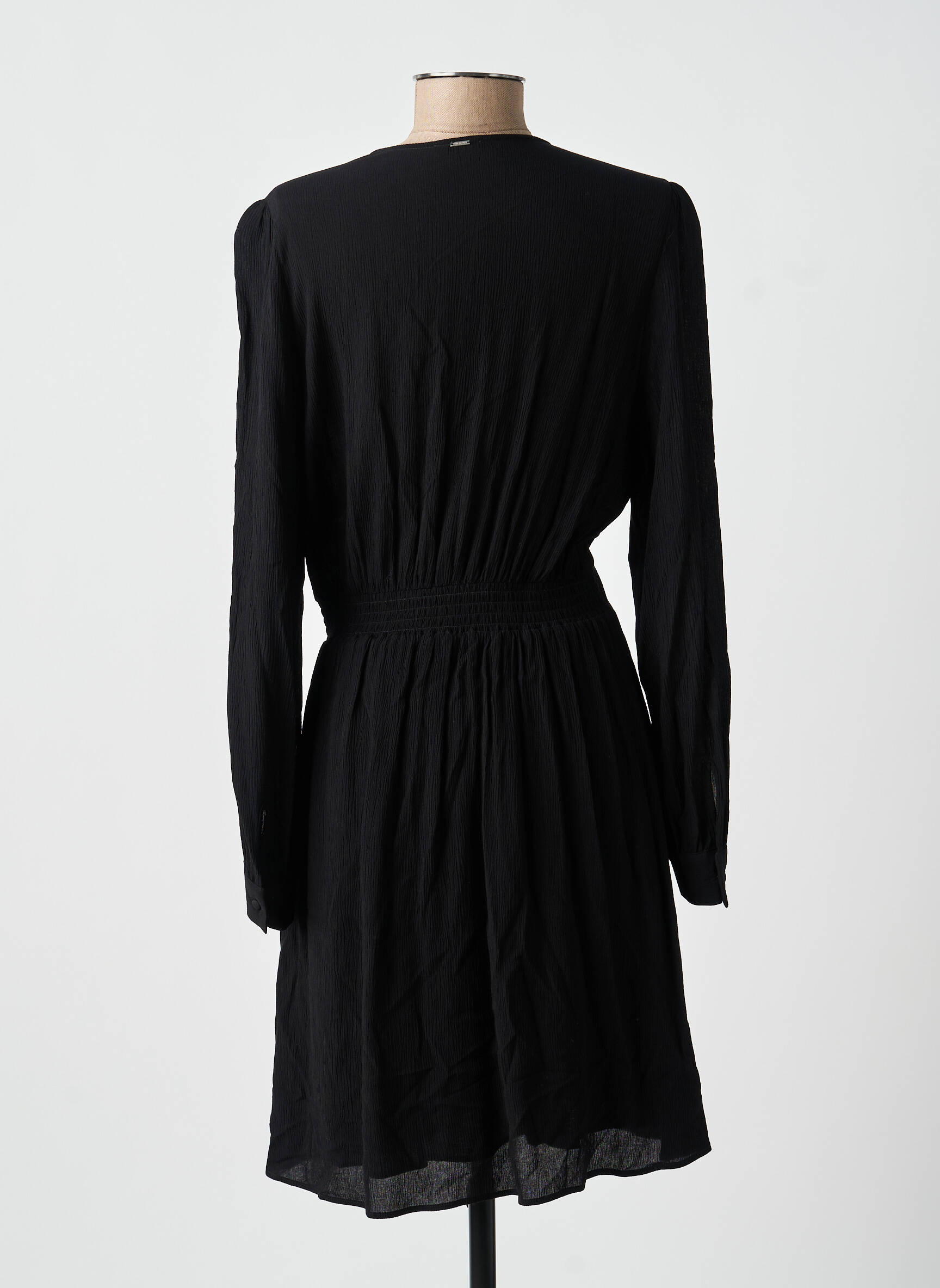 Robe mi-longue tissage crêpe manches longues noir IKKS femme