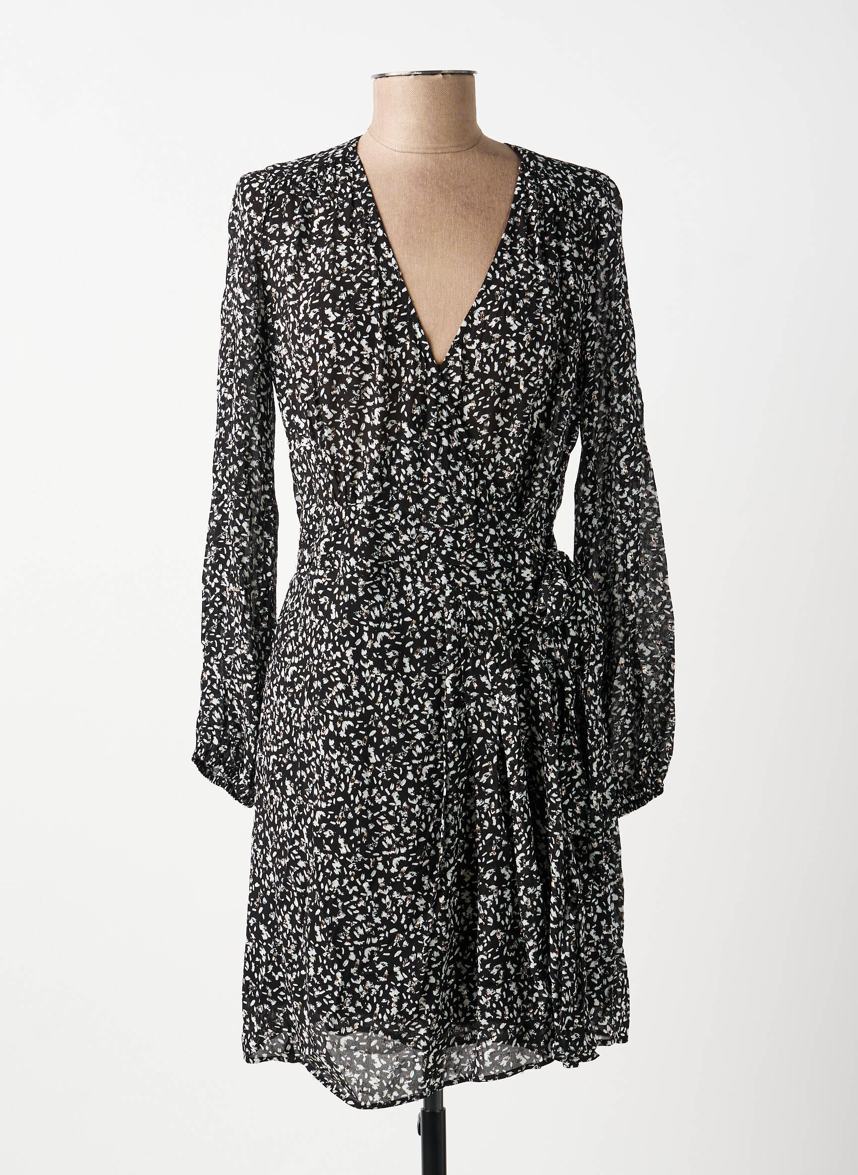 Robe mi-longue imprimé fantaisie manches longues noir IKKS femme