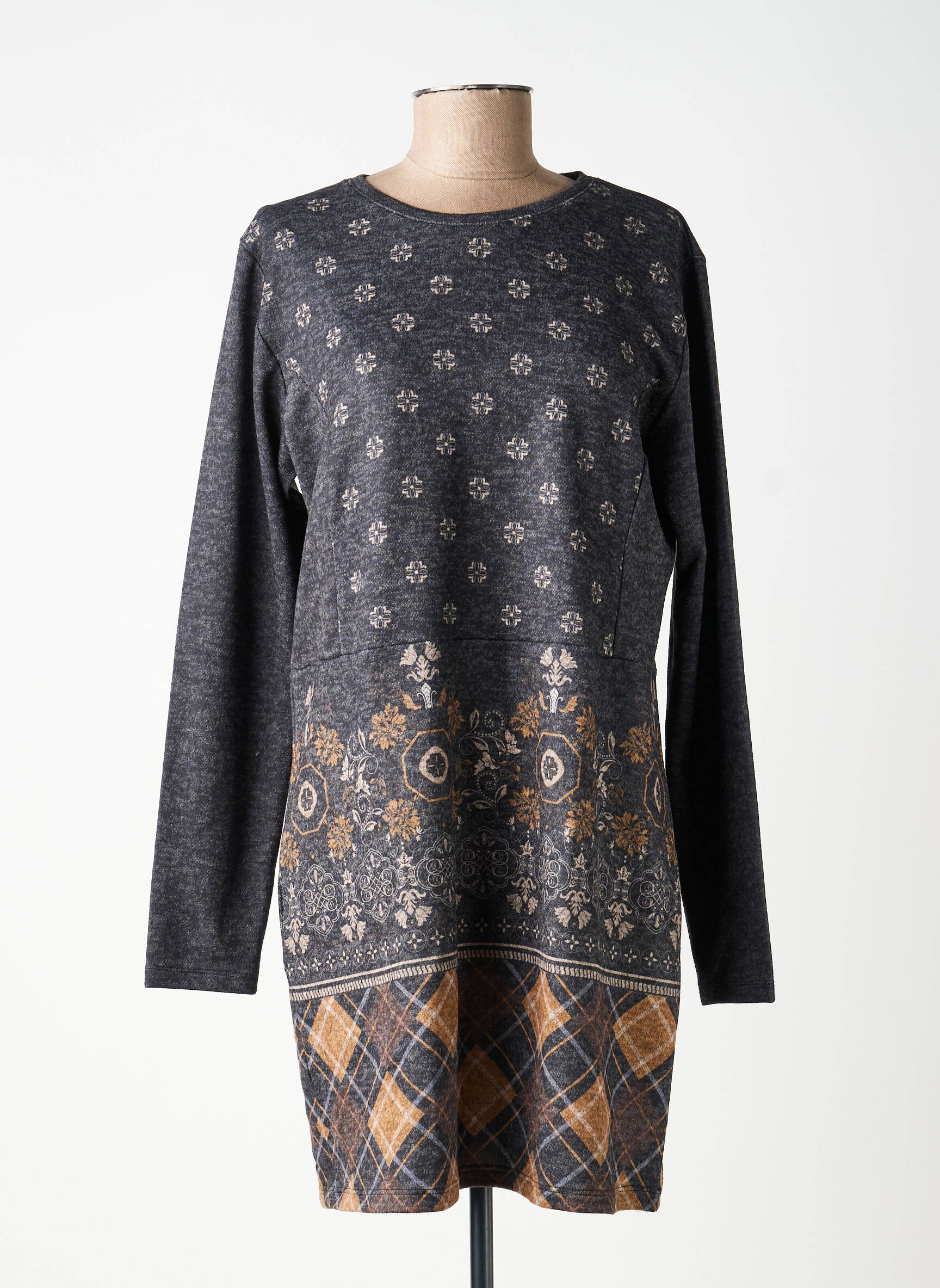 Robe mi-longue imprimé fantaisie manches longues gris GALMALLA femme