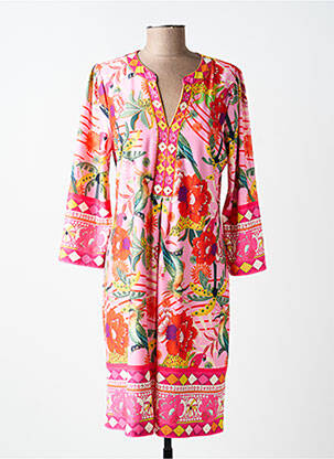 Robe mi-longue imprimé fleurs manches 3/4 rose K-DESIGN femme