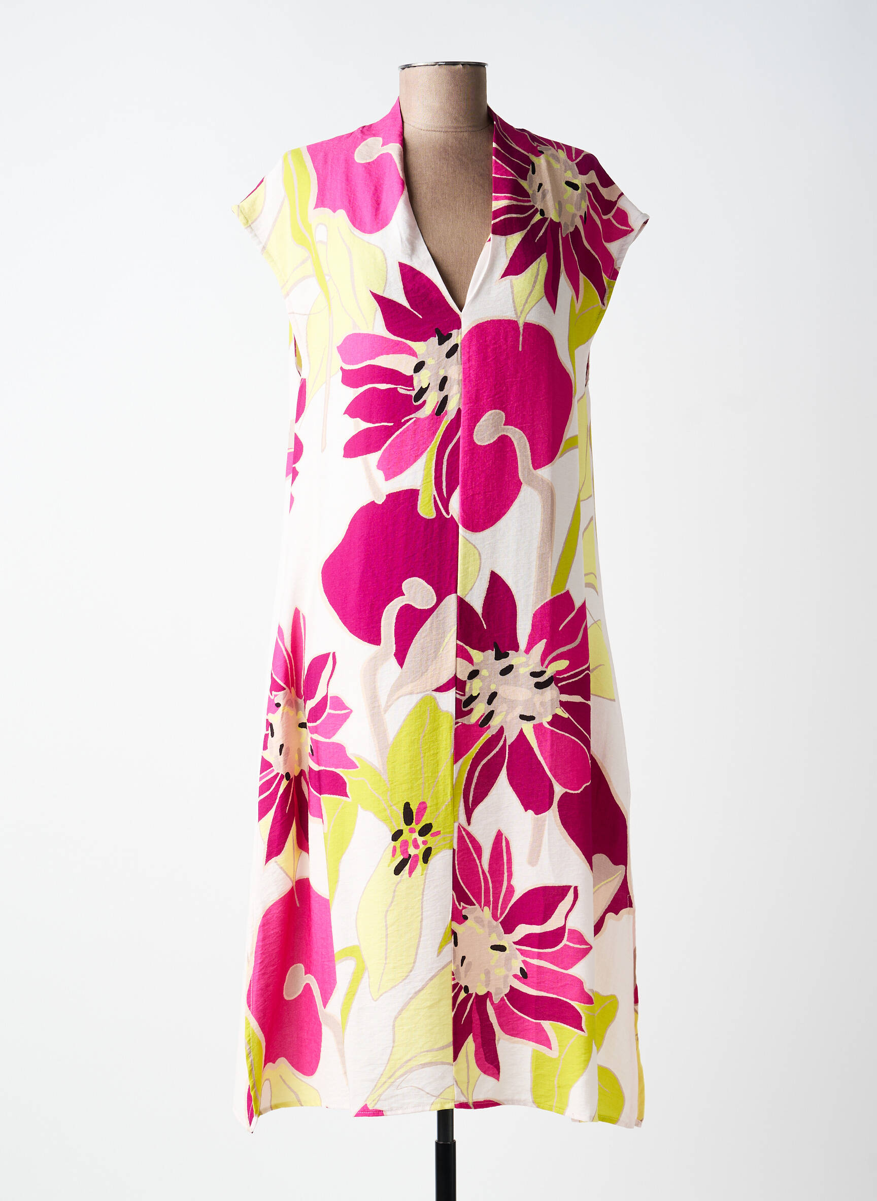 Robe mi-longue coupe fluide manches courtes jaune SCORZZO femme