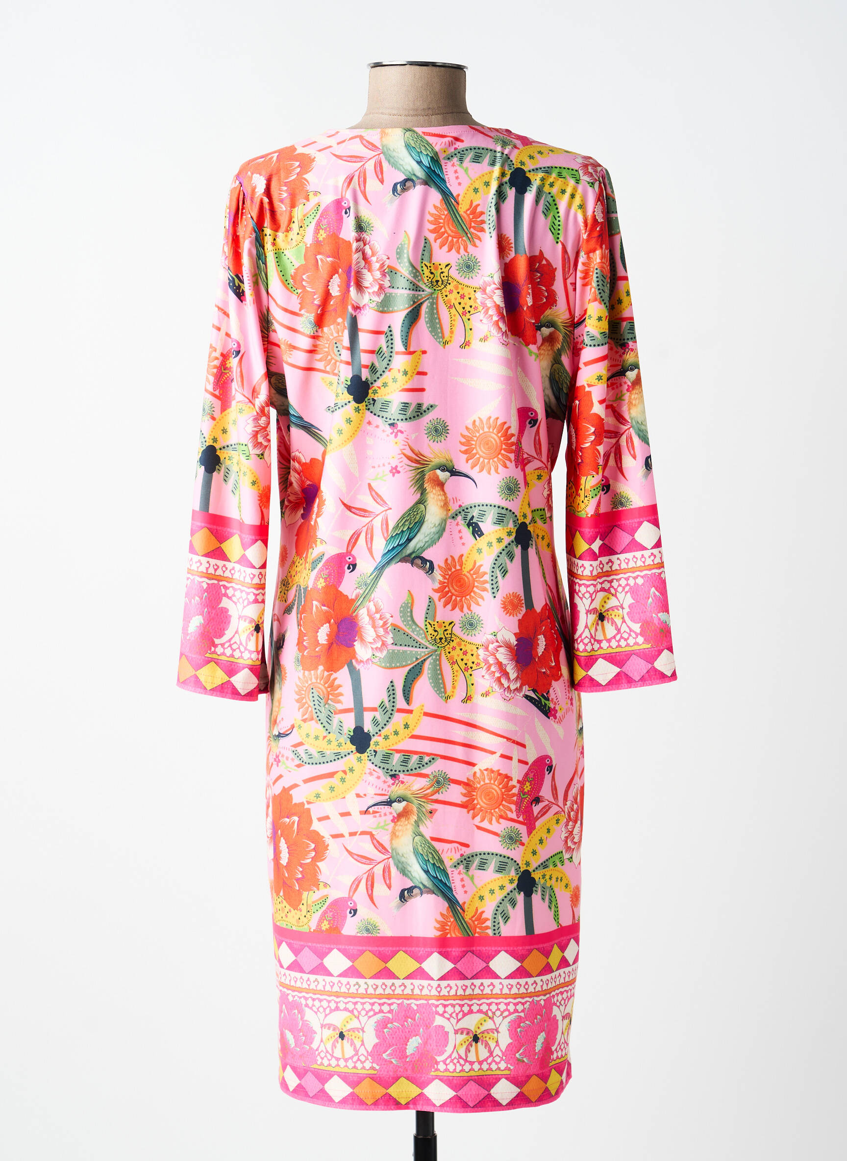 Robe mi-longue imprimé fleurs manches 3/4 rose K-DESIGN femme
