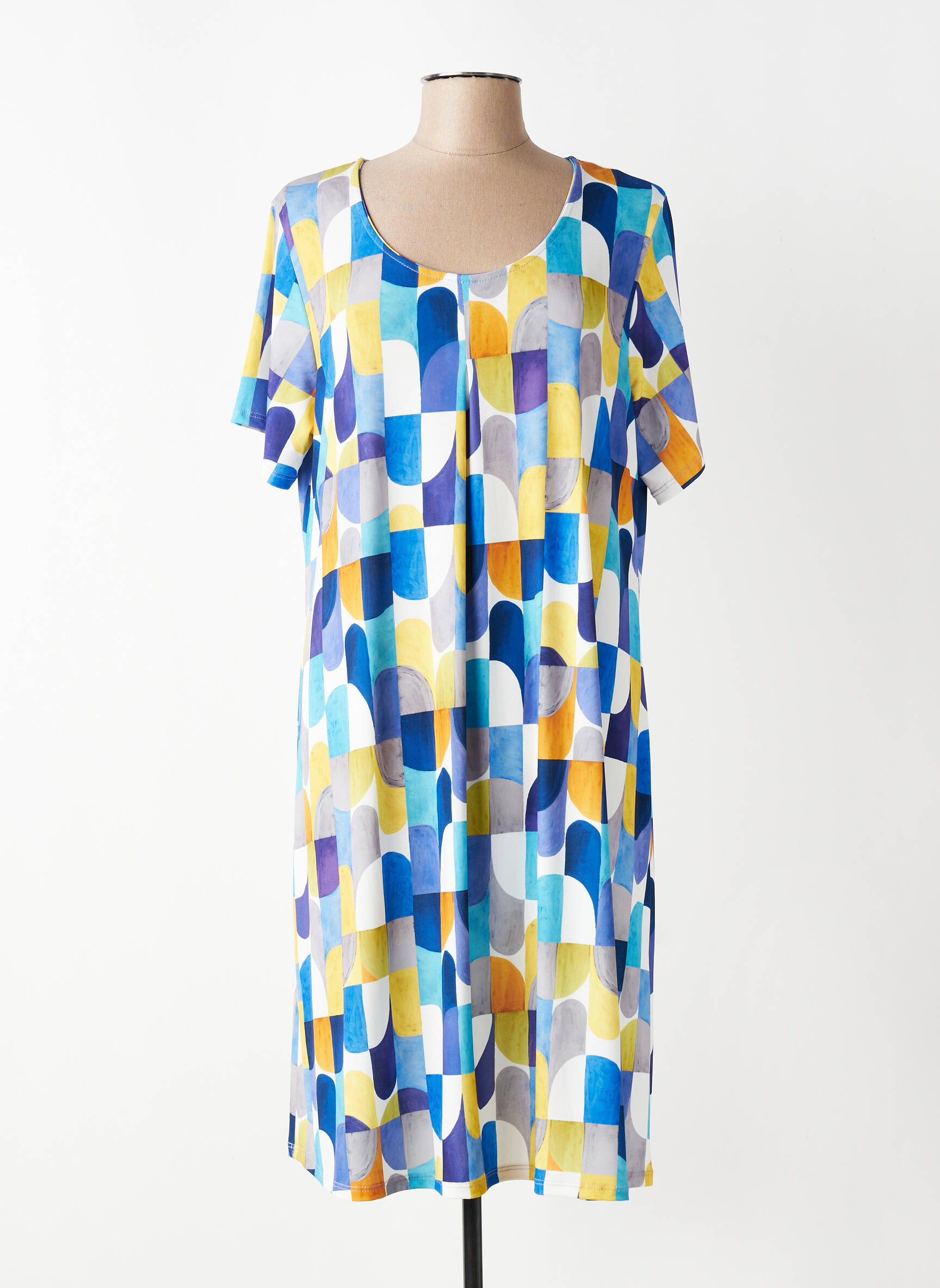 Robe mi-longue coupe fluide manches courtes bleu VANIA femme