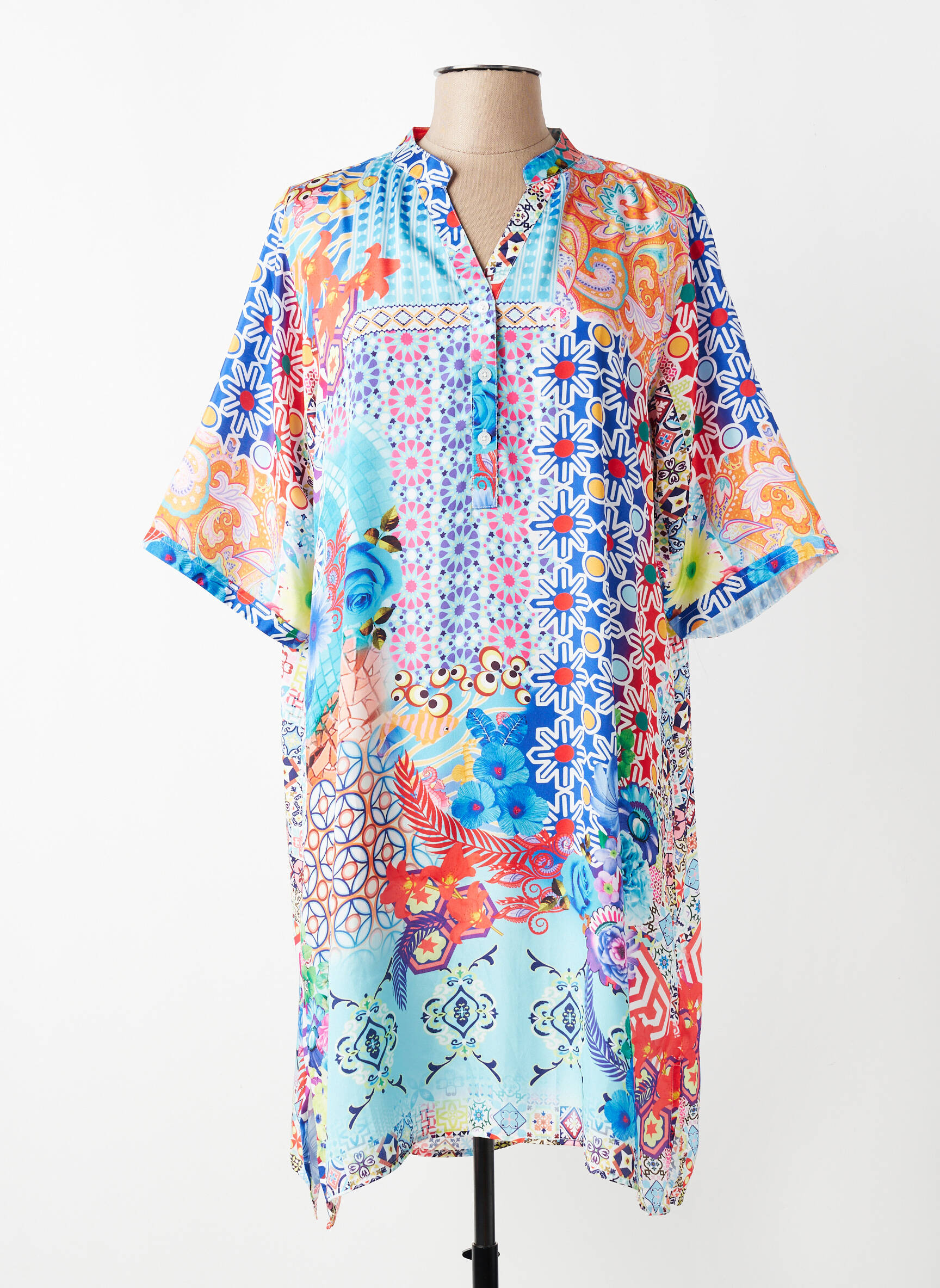 Robe mi-longue imprimé fleurs manches courtes bleu VANIA femme