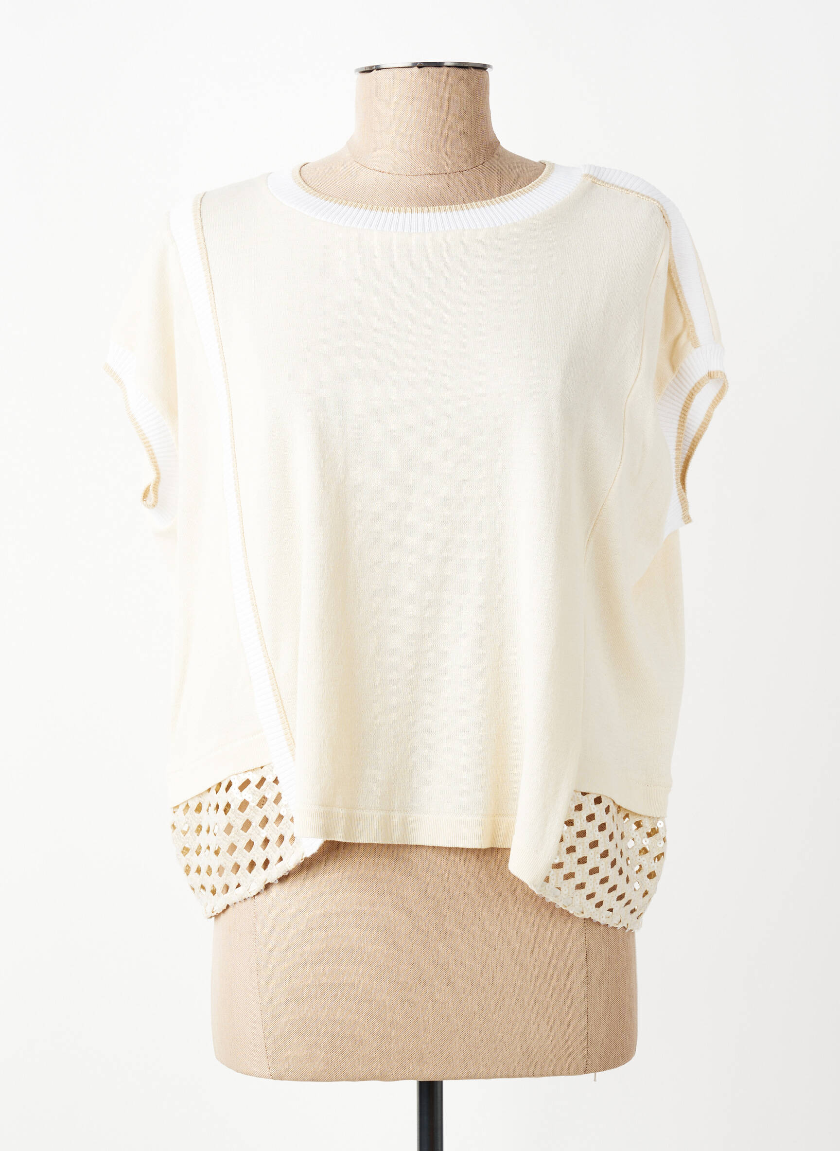 Pull stretch manches courtes beige TRICOT CHIC femme