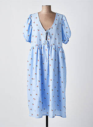 Robe mi-longue tissage crêpe manches courtes bleu DROLE DE COPINE femme