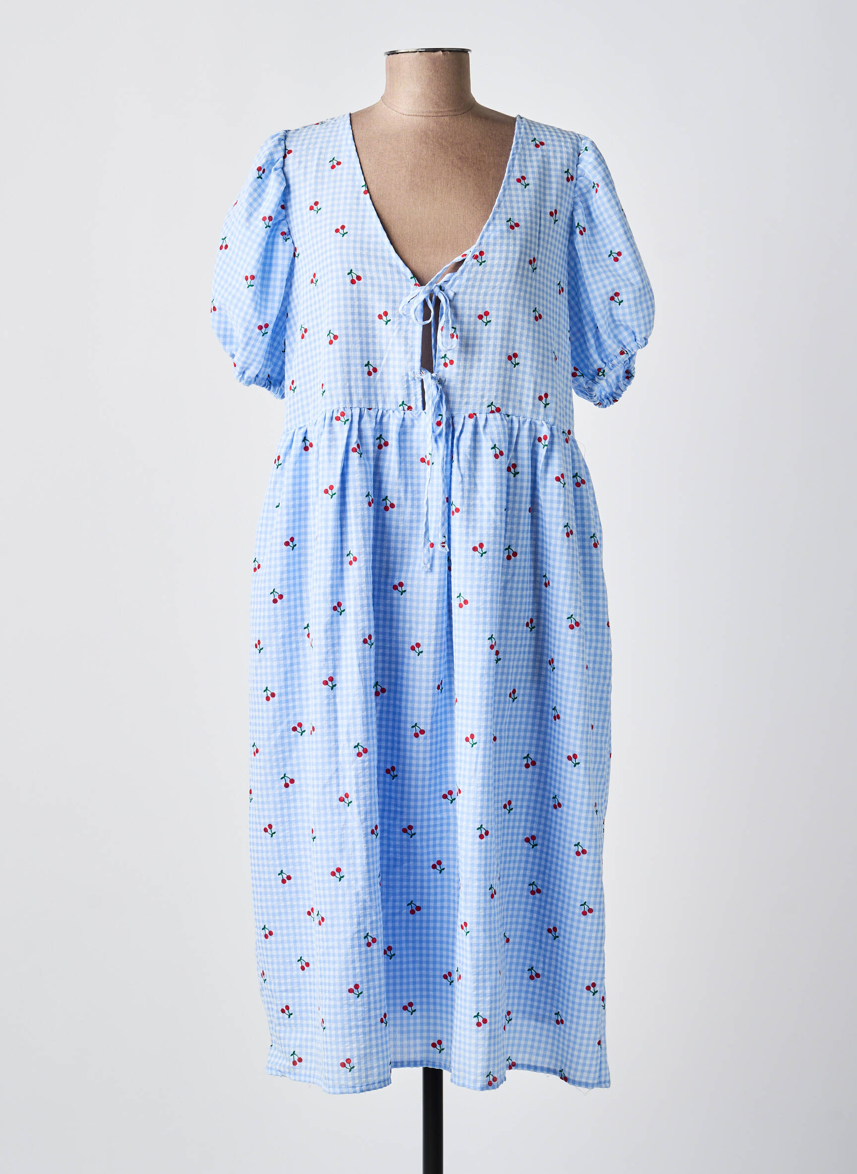 Robe mi-longue tissage crêpe manches courtes bleu DROLE DE COPINE femme