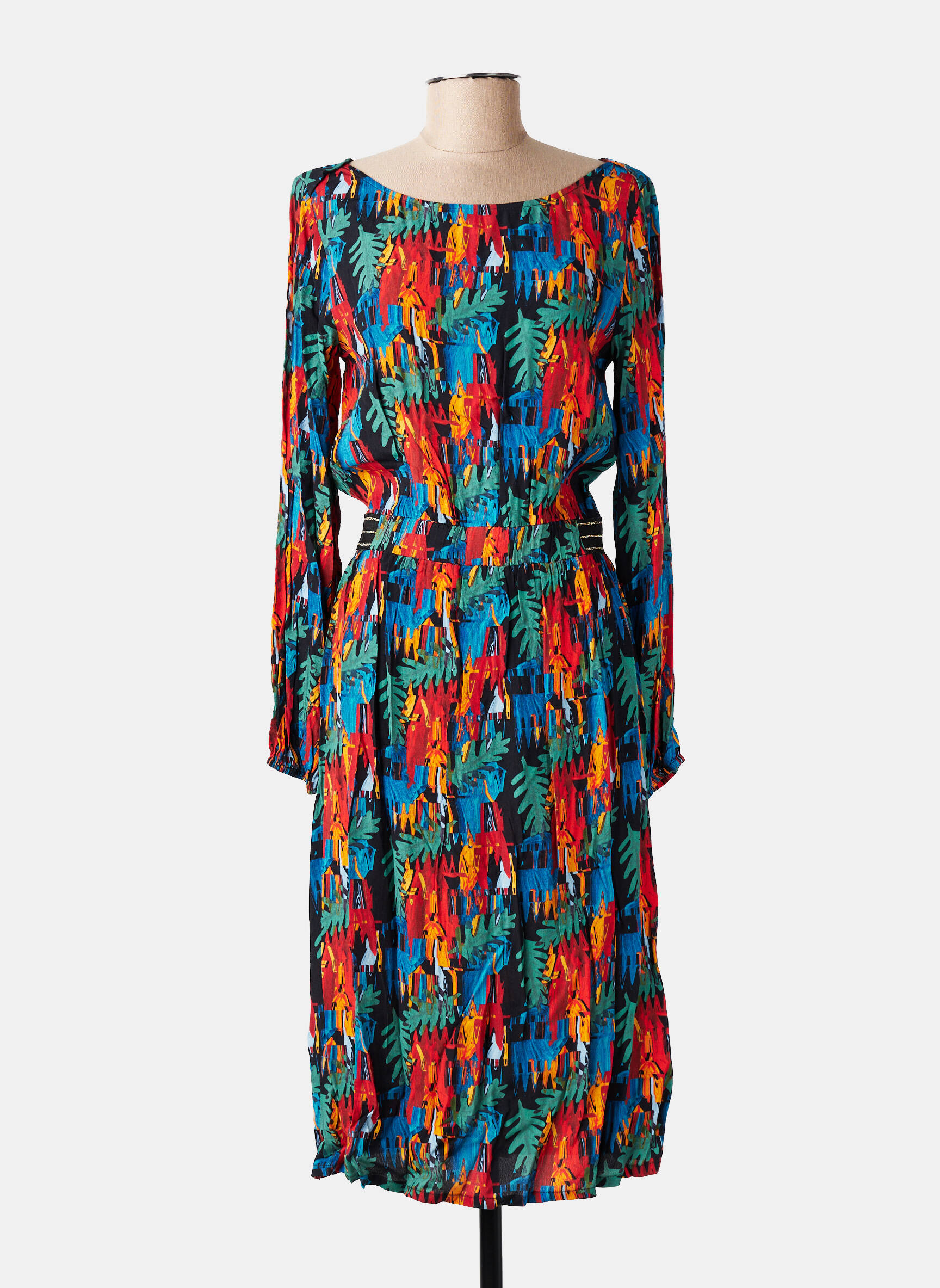 Robe mi-longue imprimé fantaisie manches longues bleu MARIE-SIXTINE femme