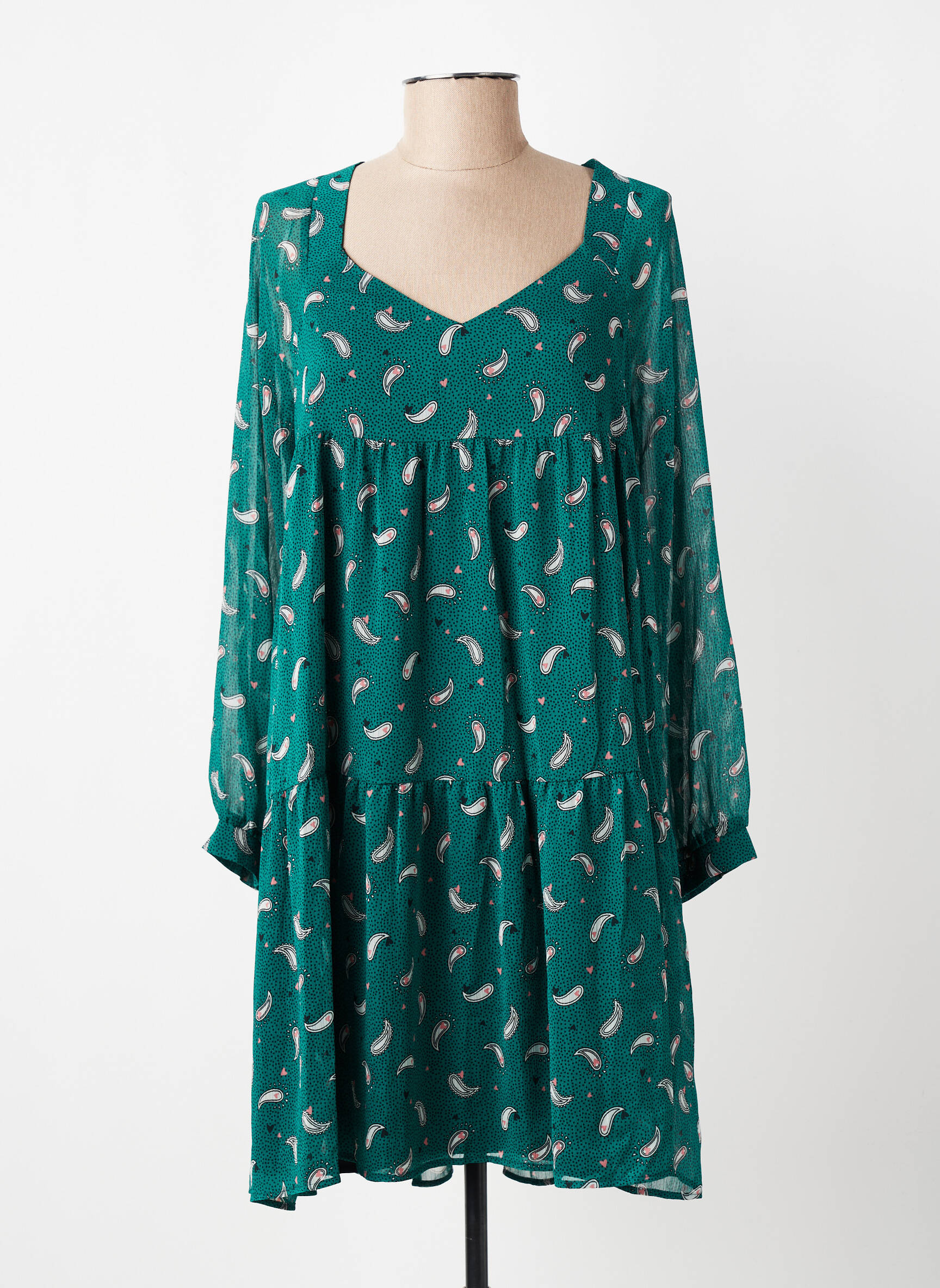 Robe courte coupe évasée manches longues vert I.CODE (By IKKS) femme