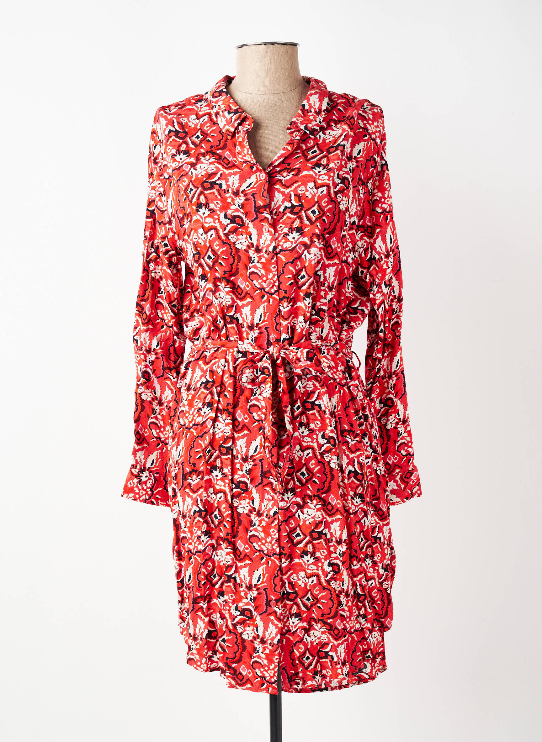 Robe mi-longue imprimé fantaisie manches longues rouge ICHI femme