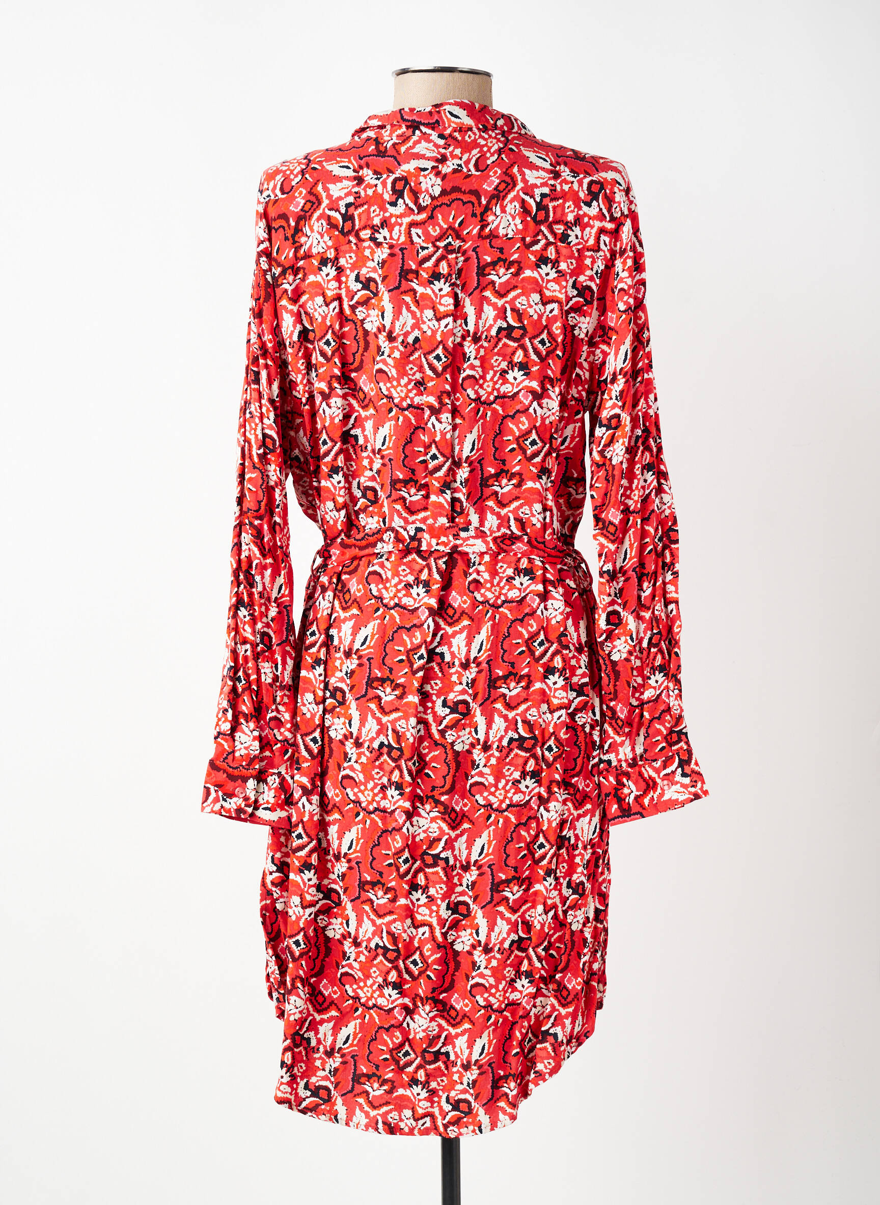 Robe mi-longue imprimé fantaisie manches longues rouge ICHI femme
