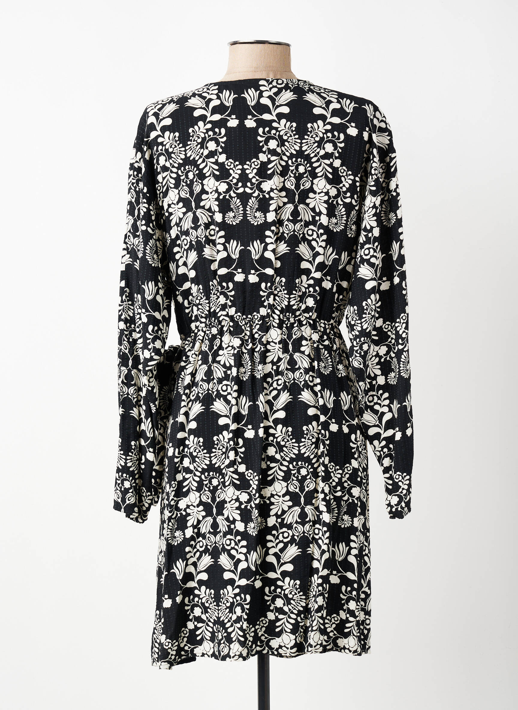 Robe mi-longue imprimé fantaisie manches longues noir ICHI femme
