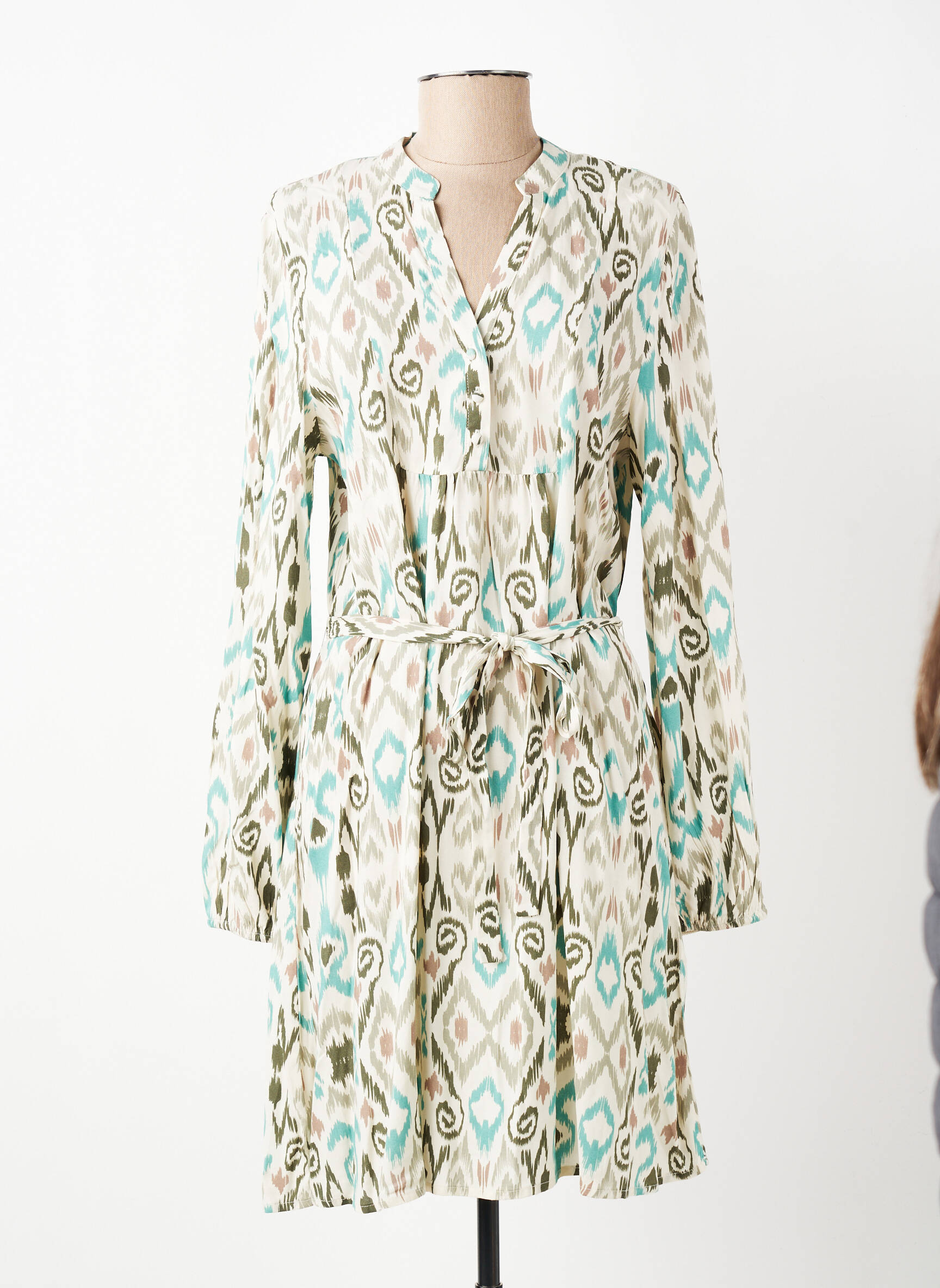 Robe mi-longue imprimé fantaisie manches longues vert ICHI femme