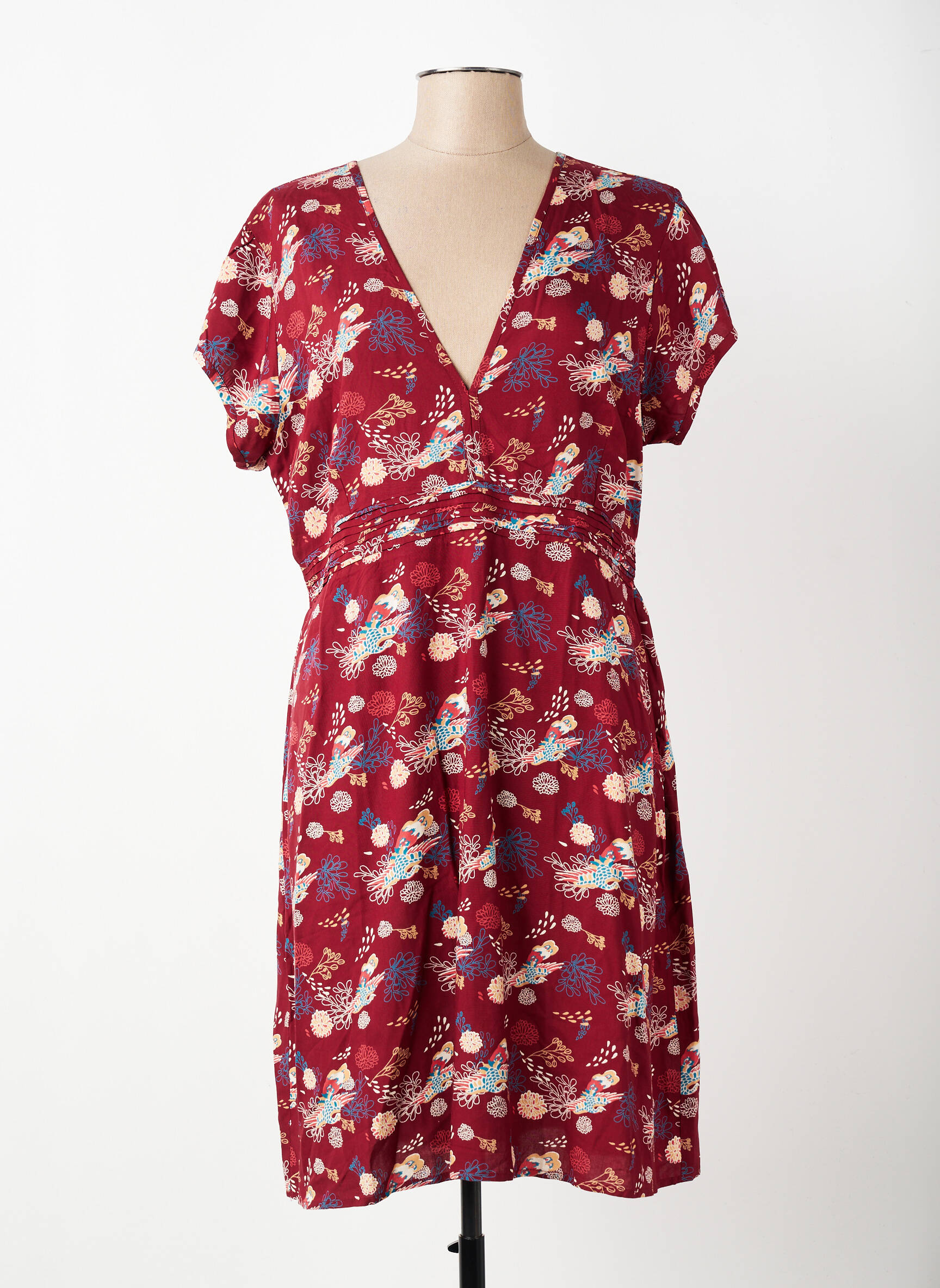 Robe mi-longue imprimé fleurs manches courtes rouge COTON DU MONDE femme