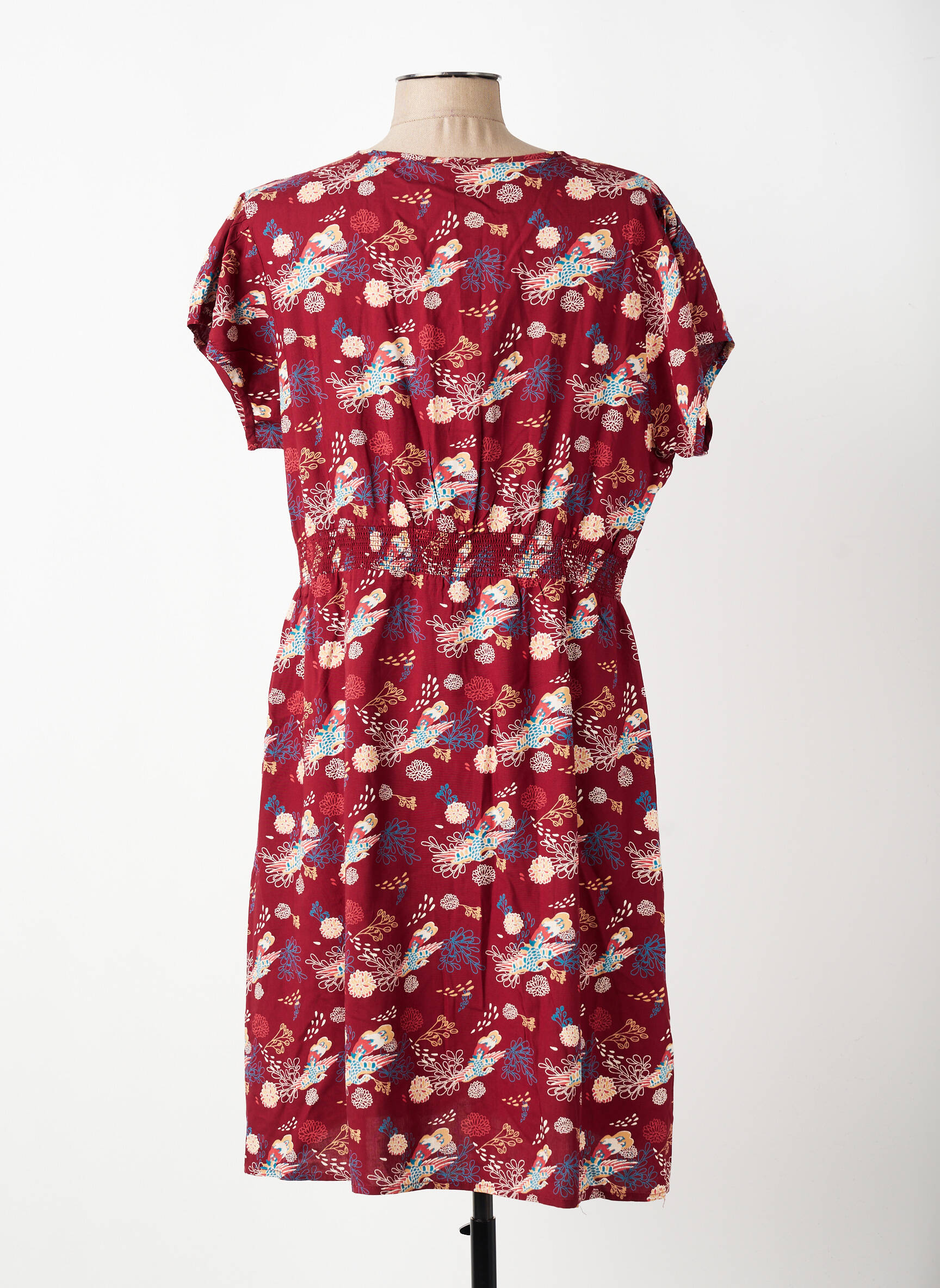 Robe mi-longue imprimé fleurs manches courtes rouge COTON DU MONDE femme