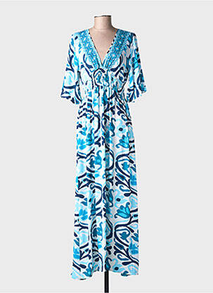 Robe longue imprimé fantaisie manches courtes bleu LARAETHNICS femme