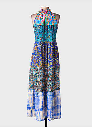 Robe longue imprimé fantaisie sans manche bleu LARAETHNICS femme
