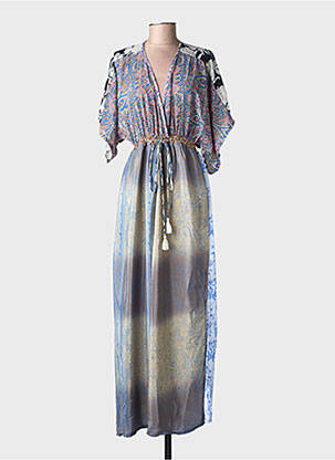Robe longue tissage popeline manches courtes bleu LARAETHNICS femme