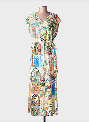 Robe longue imprimé fantaisie manches courtes beige GEISHA femme