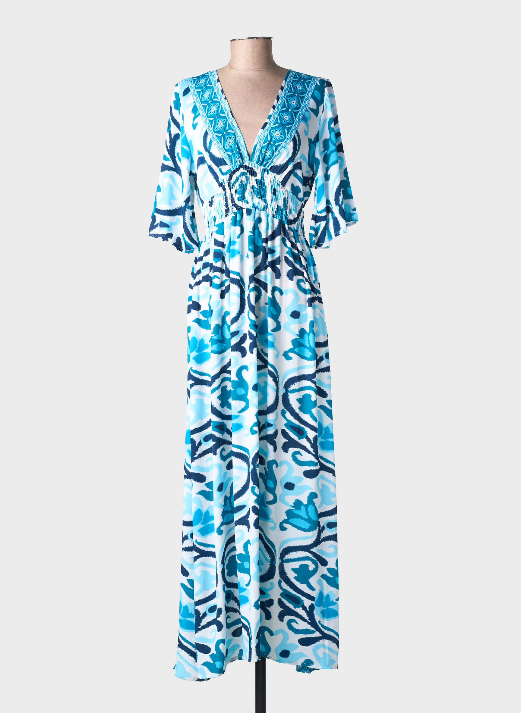 Robe longue imprimé fantaisie manches courtes bleu LARAETHNICS femme