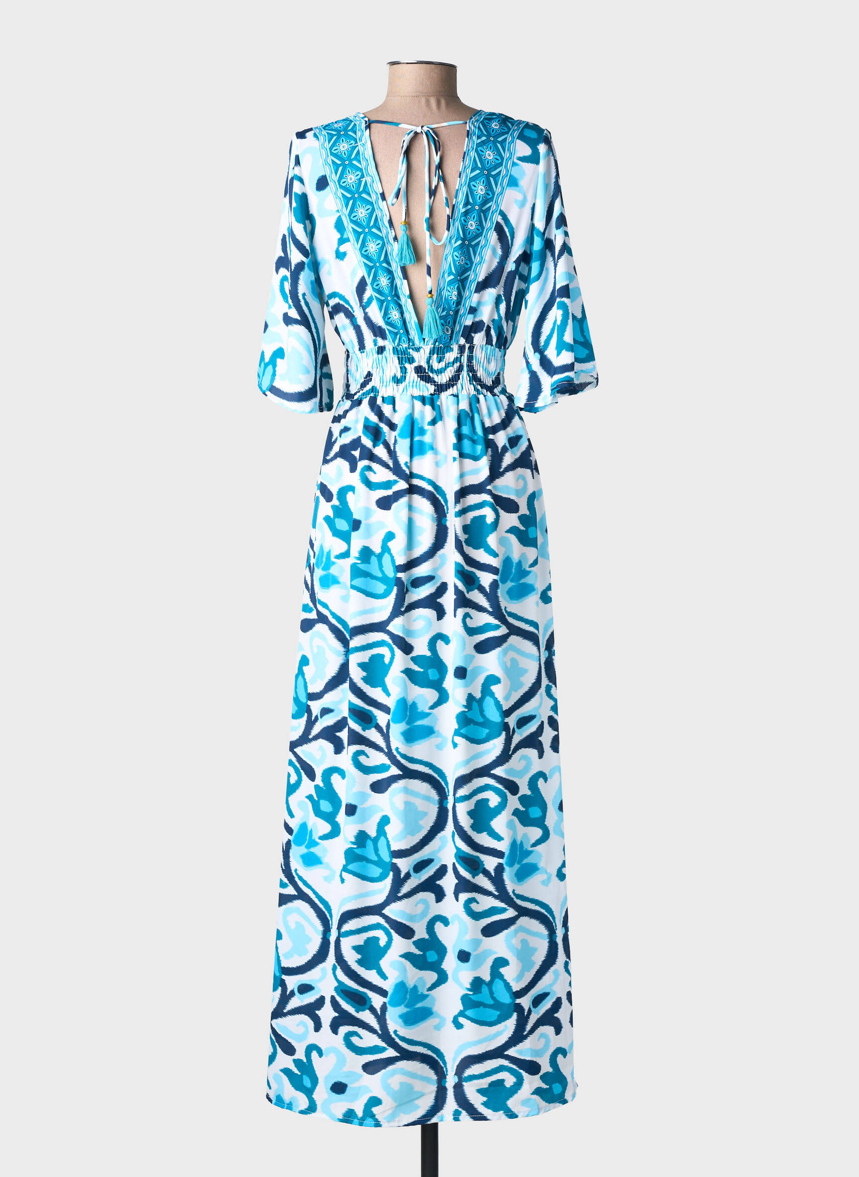Robe longue imprimé fantaisie manches courtes bleu LARAETHNICS femme